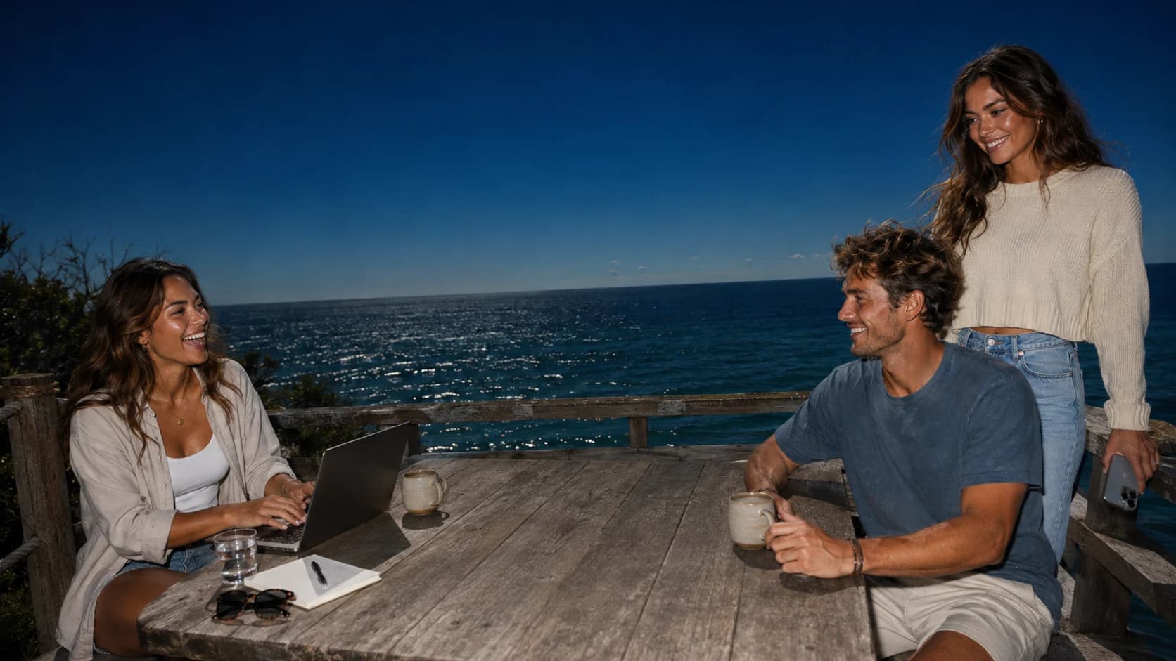 Three friends working together at a bench table above the ocean, laptop and coffee on the table
