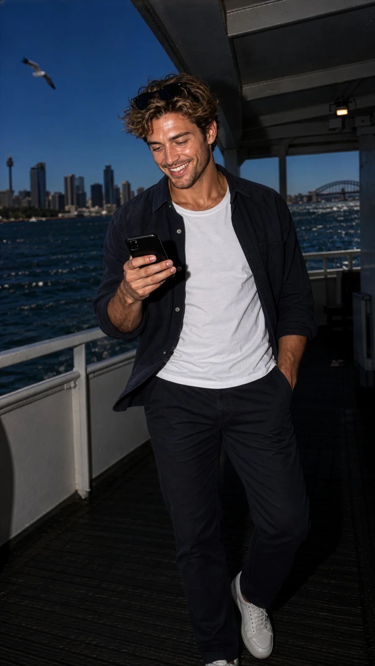 A creator grinning on a ferry deck at midday, hair in the wind, flash-lit against the crushed harbour.