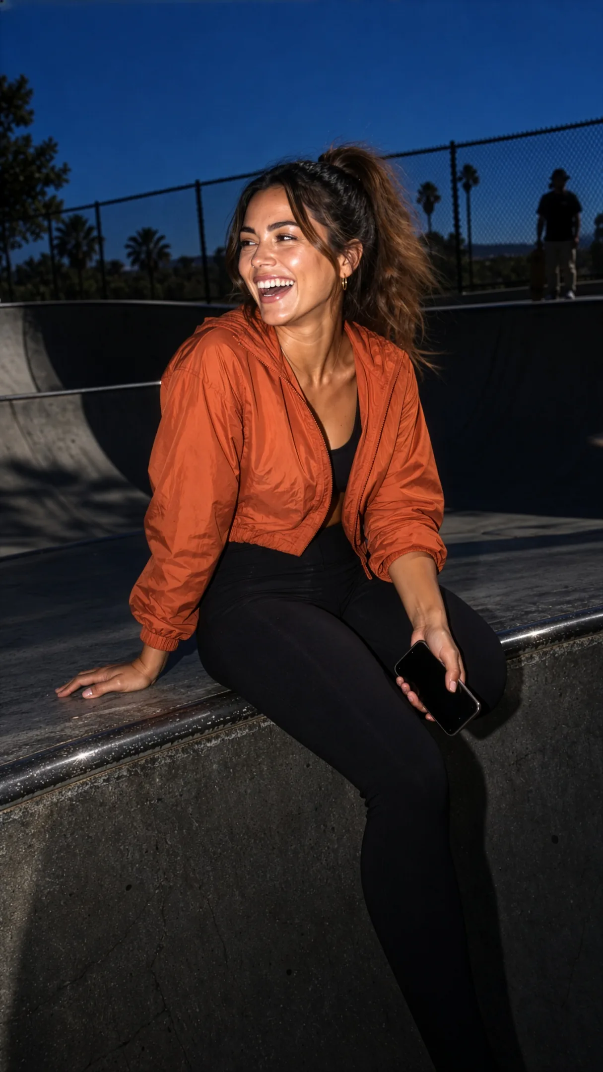 A creator laughing at the lip of a skate-park bowl at midday, phone loose in one hand — the guide already sent.