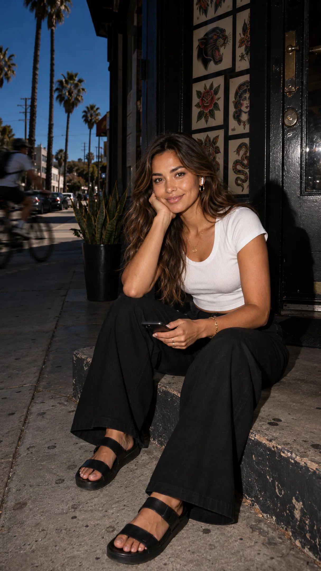 A creator on a tattoo-studio step, one earbud in — the questions waiting for her, not a bot.
