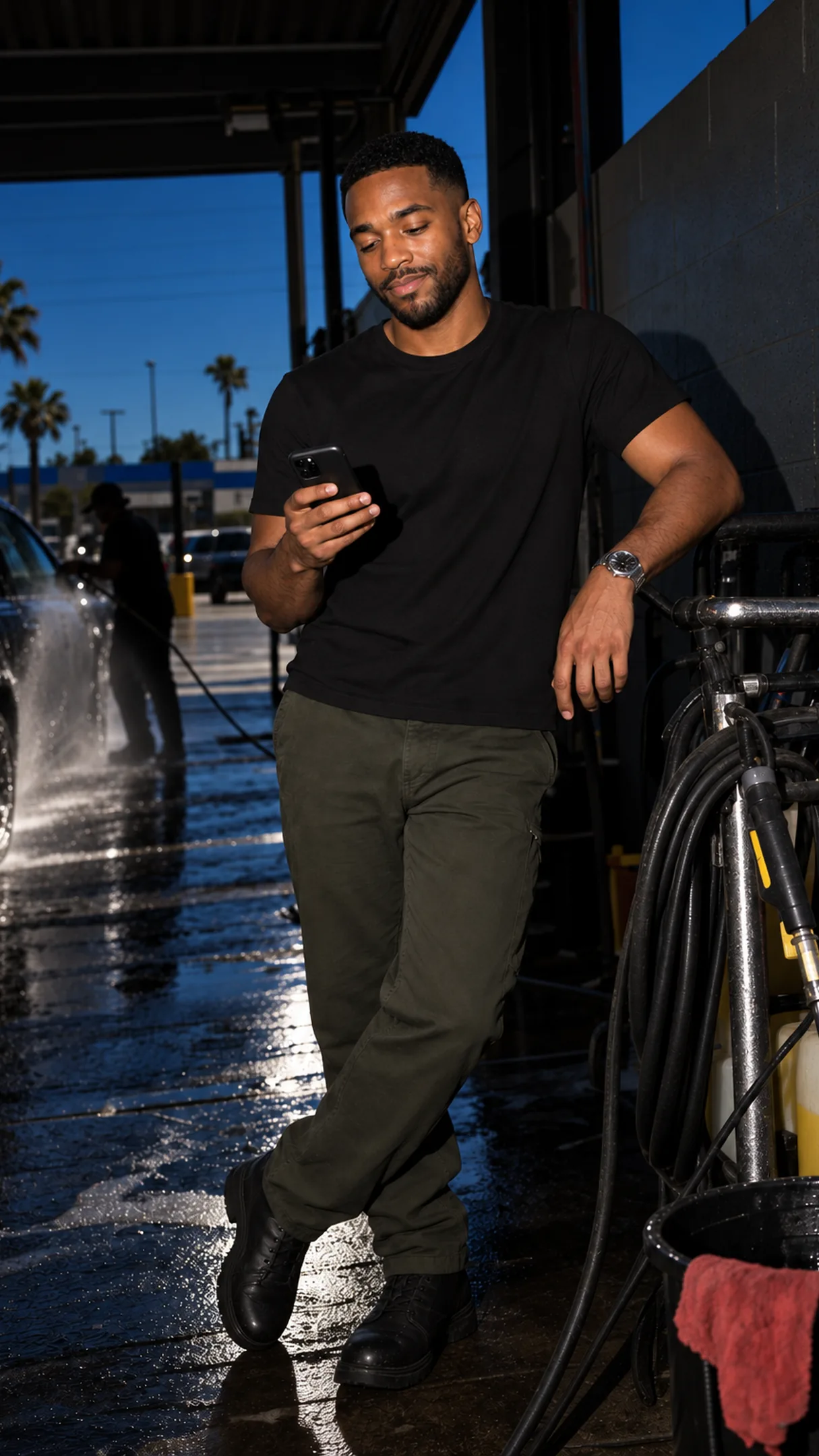 An operator in the shade of a car-wash bay, reading a held reply on his phone.