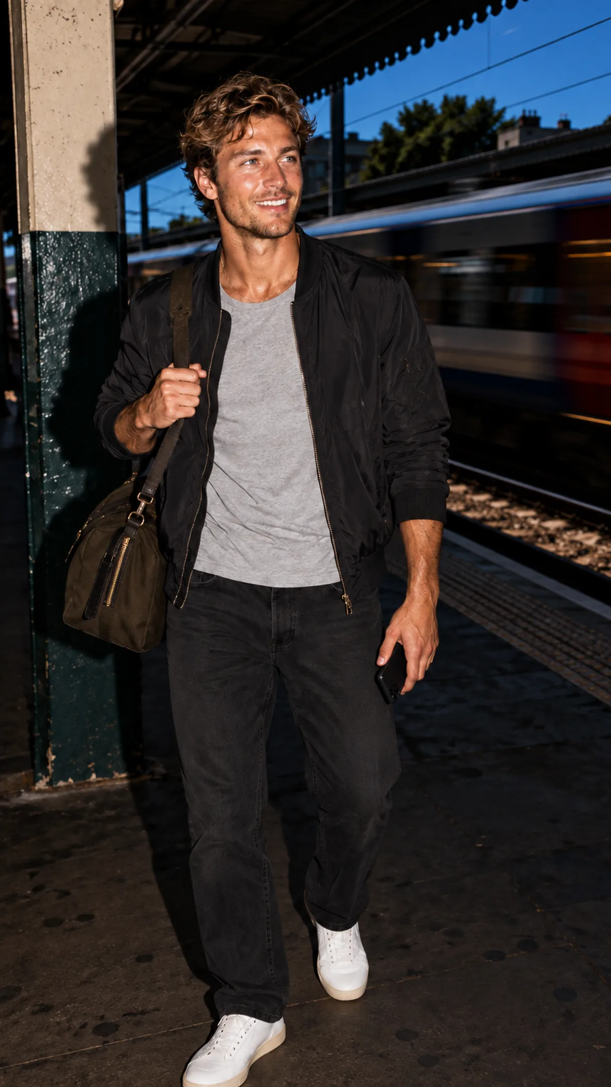 A founder under a station canopy at midday, a train blurring past — the send drained inside the rate limit.