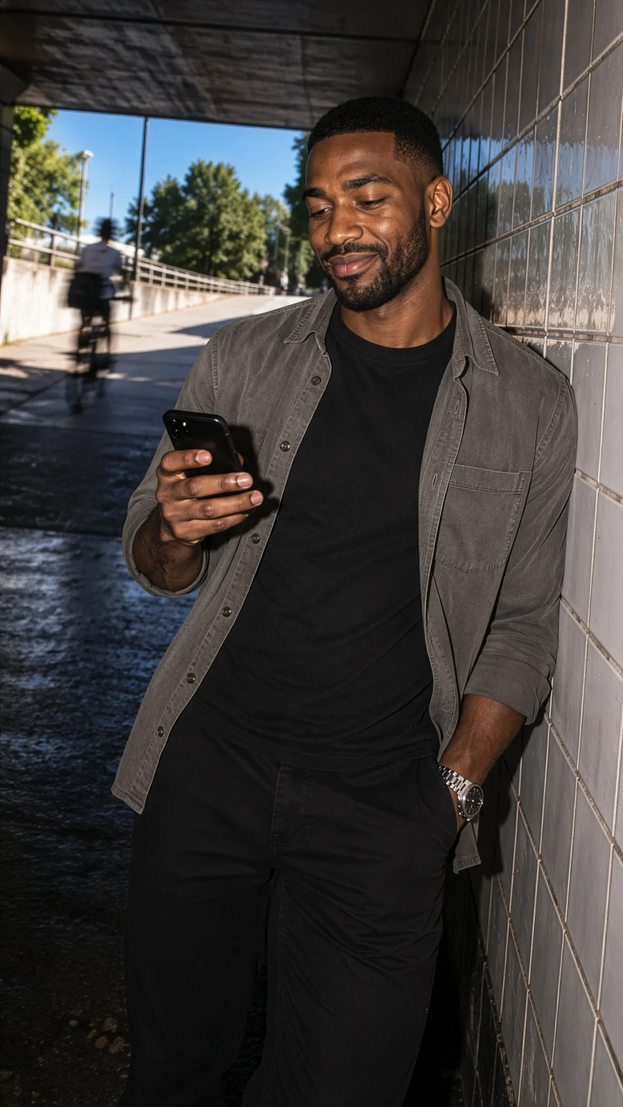 A founder grinning on a night street under flash, phone in hand — the follow-up questions are being answered.