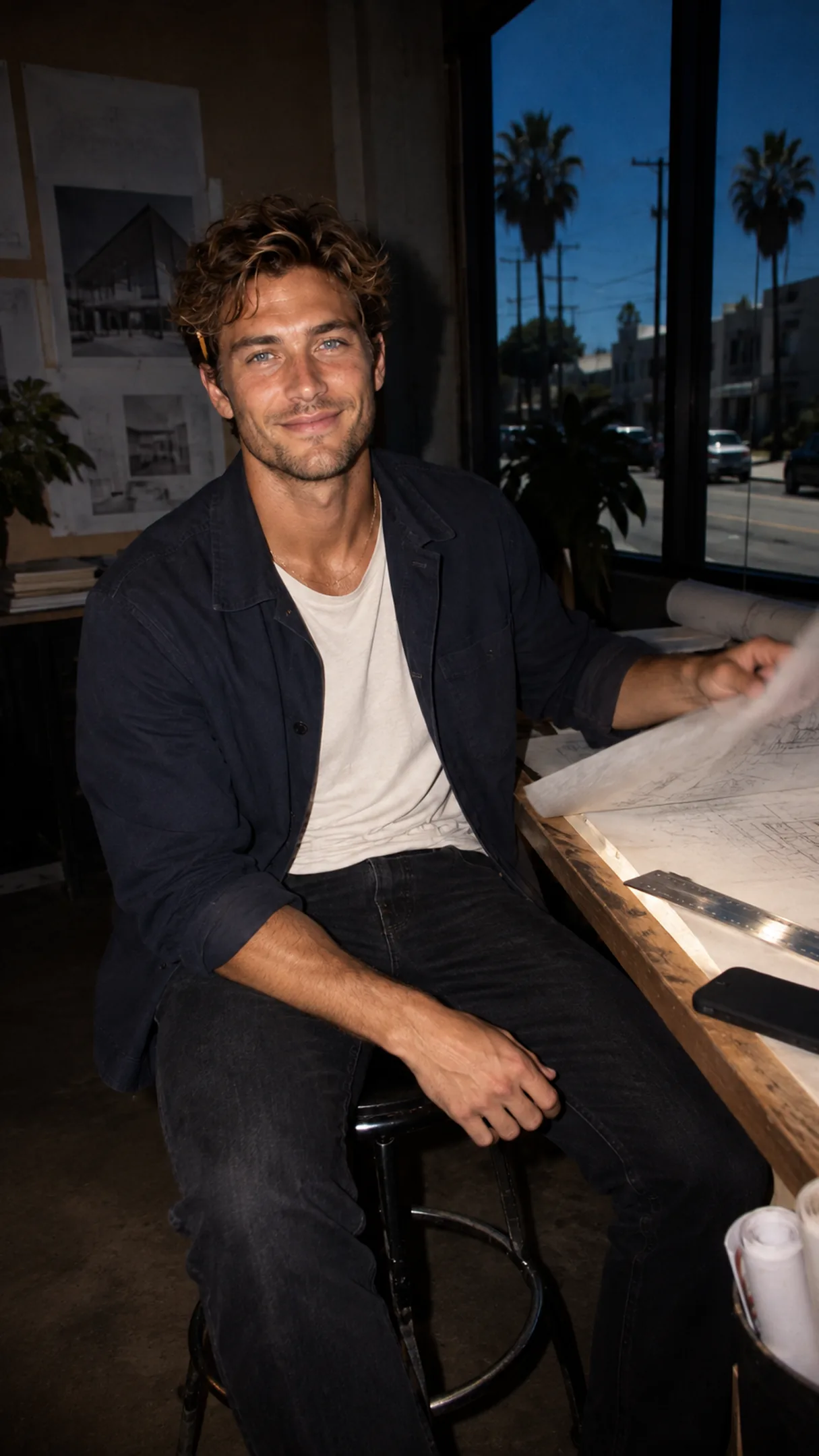 A founder at an architect's drawing board, pencil behind one ear — the canvas drafted from a sentence.