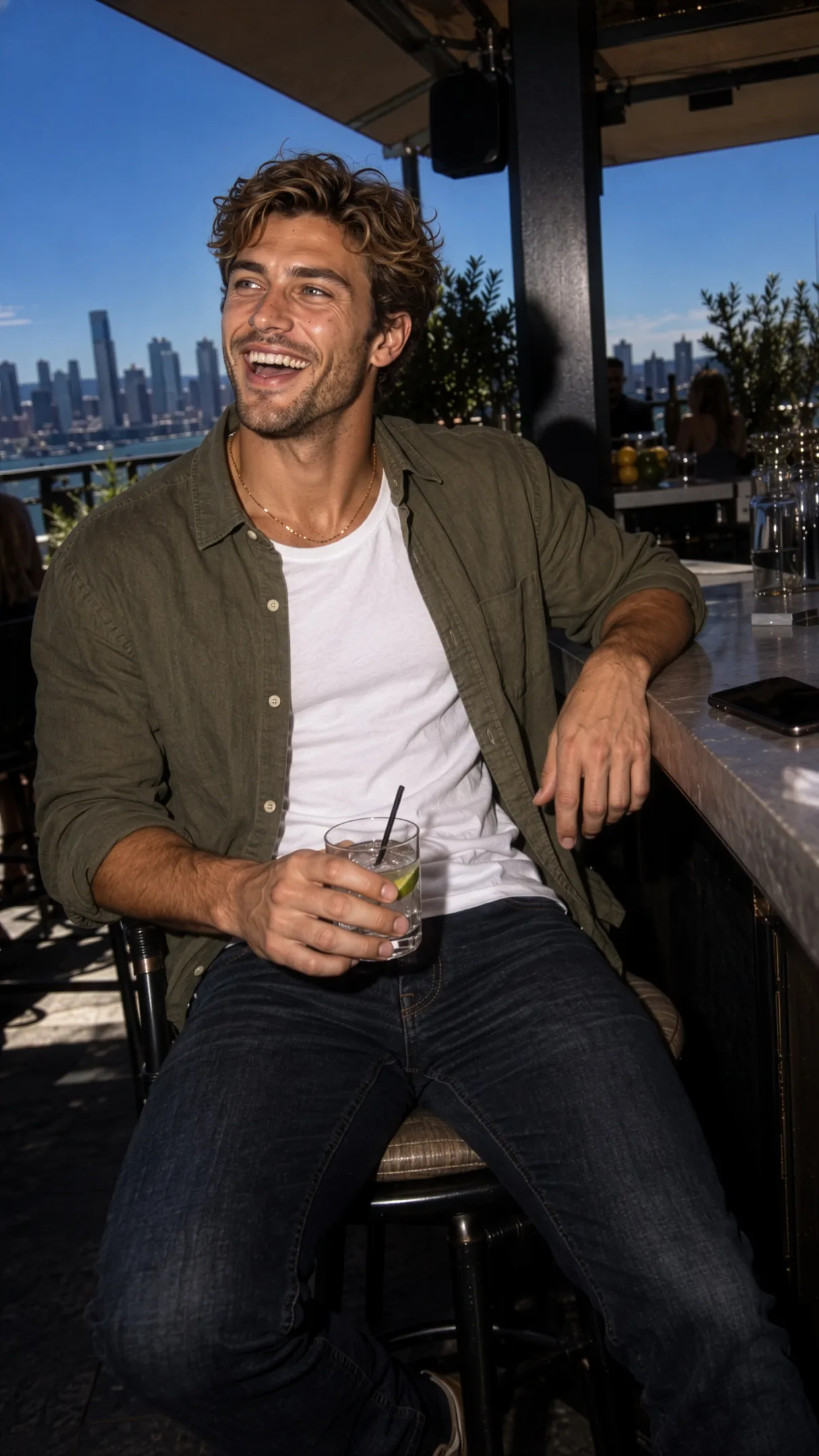 A founder mid-laugh at a café table, phone face-down — the new follower already has a hello.