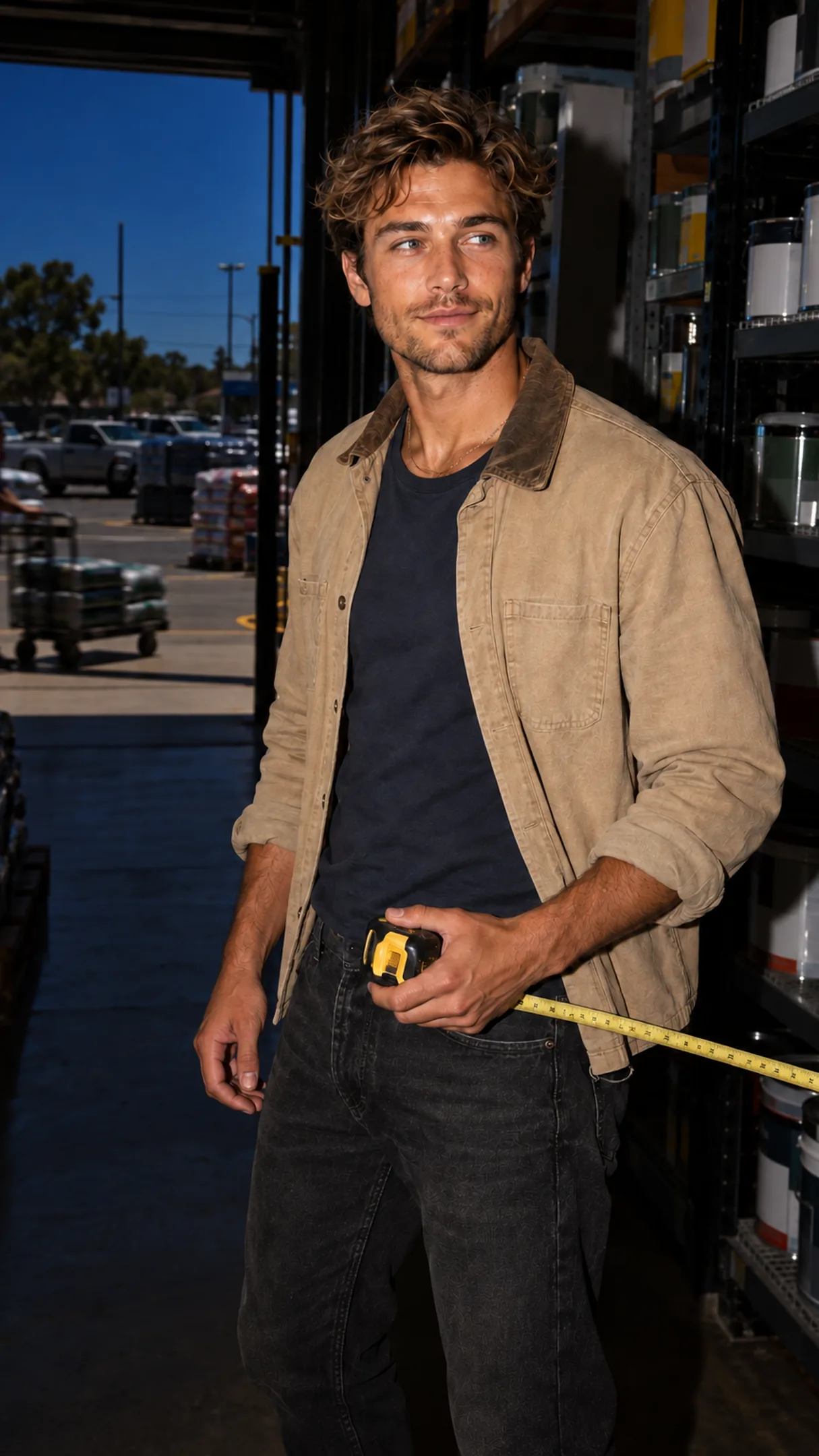 A founder in a hardware store's shaded aisle, tape measure in hand, phone in his back pocket.
