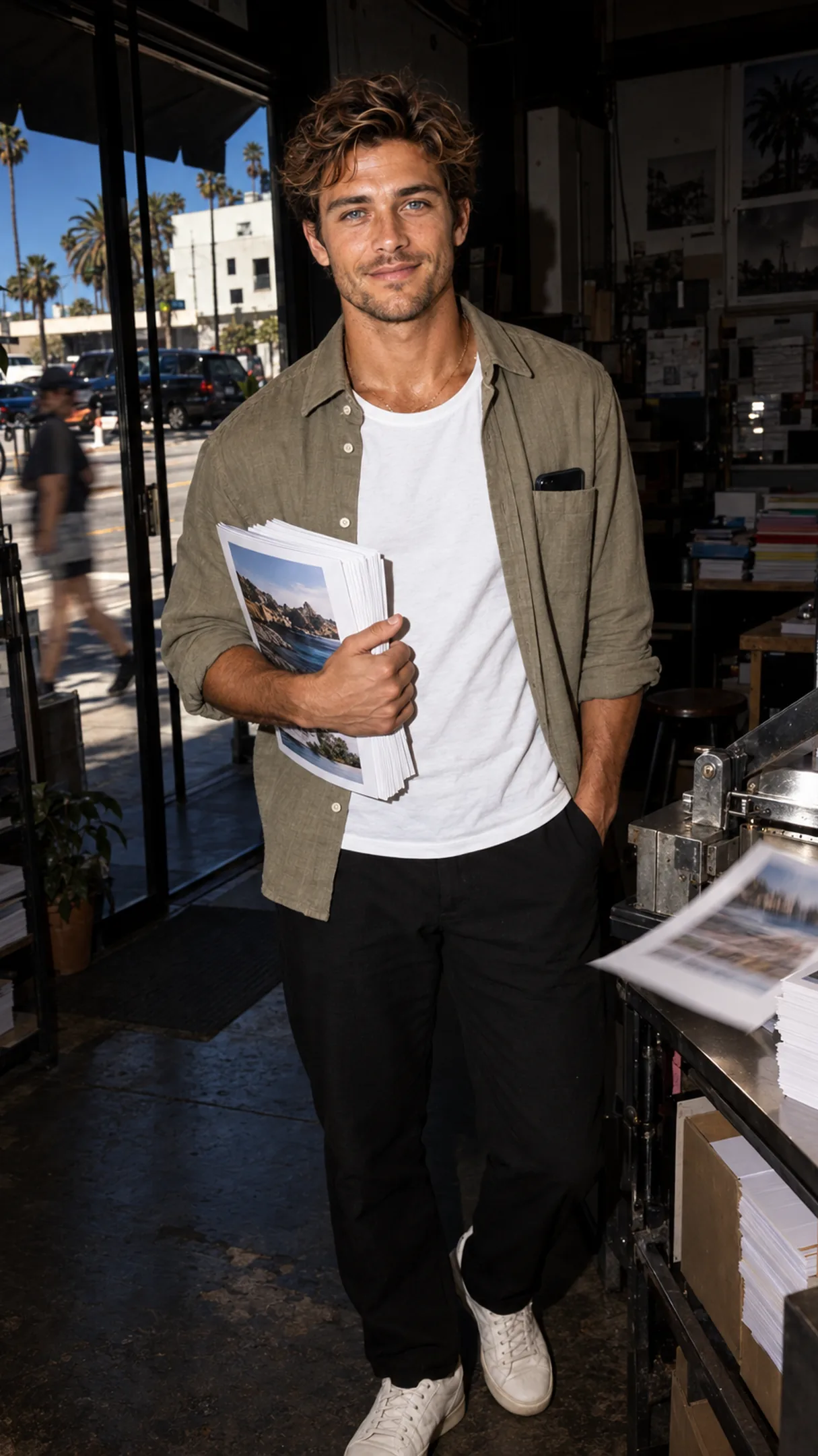 A founder at a print-shop counter, flyers under one arm — the tagging and sorting already done.