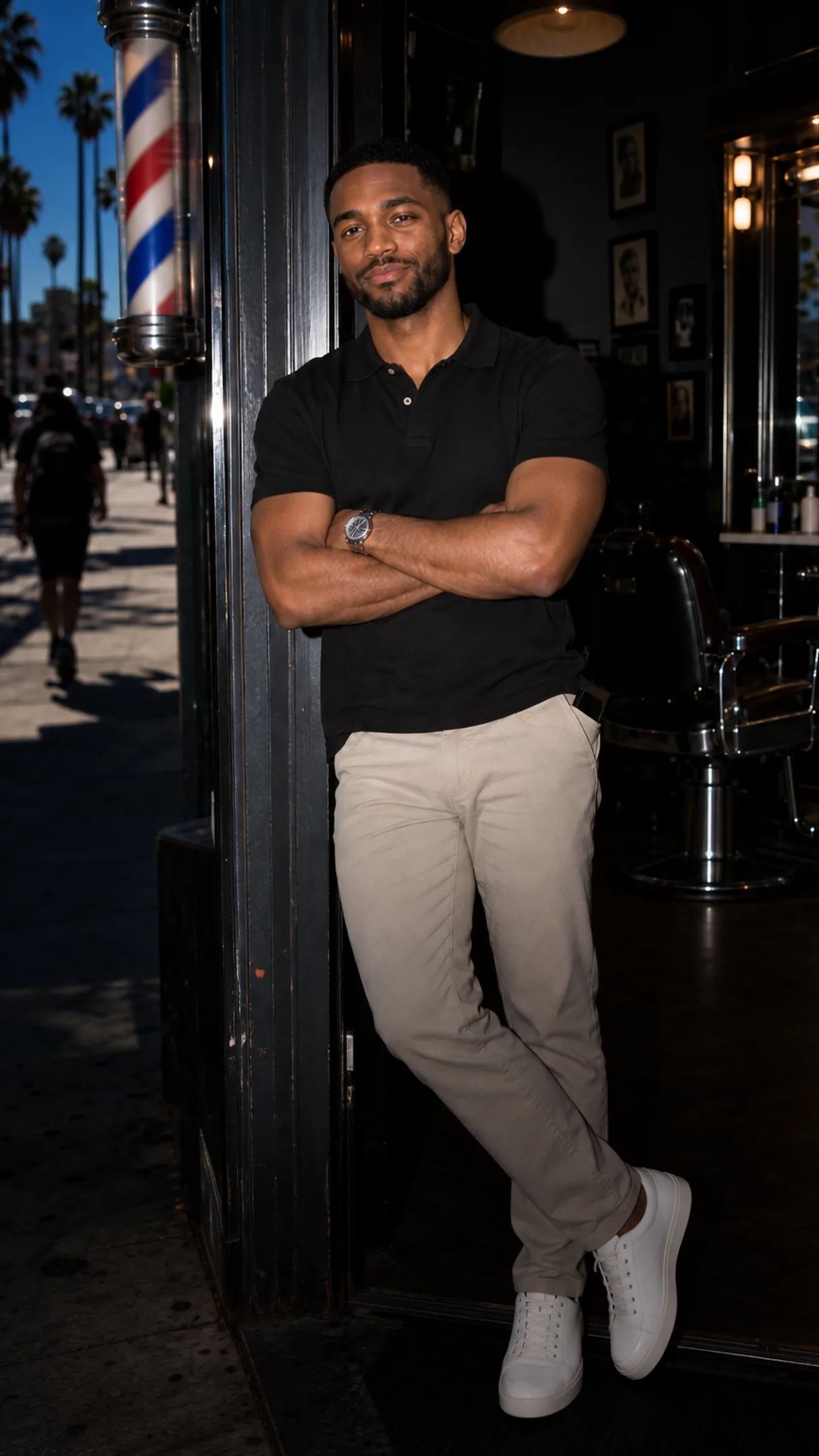 An operator in a barber-shop doorway, arms folded — the drip inside the window, every step logged.