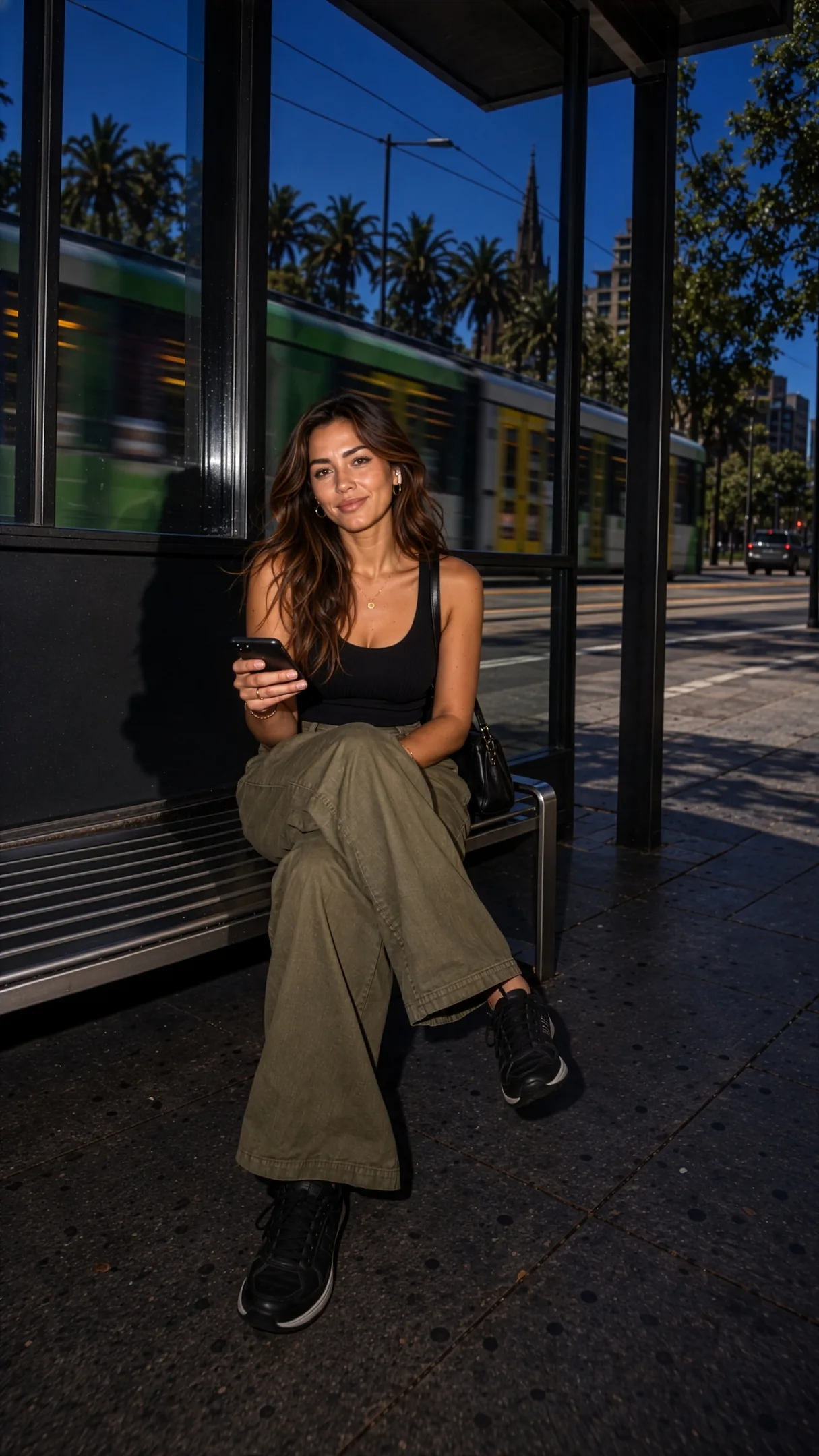 A founder on a night street under flash, phone in hand, while the story keeps selling.