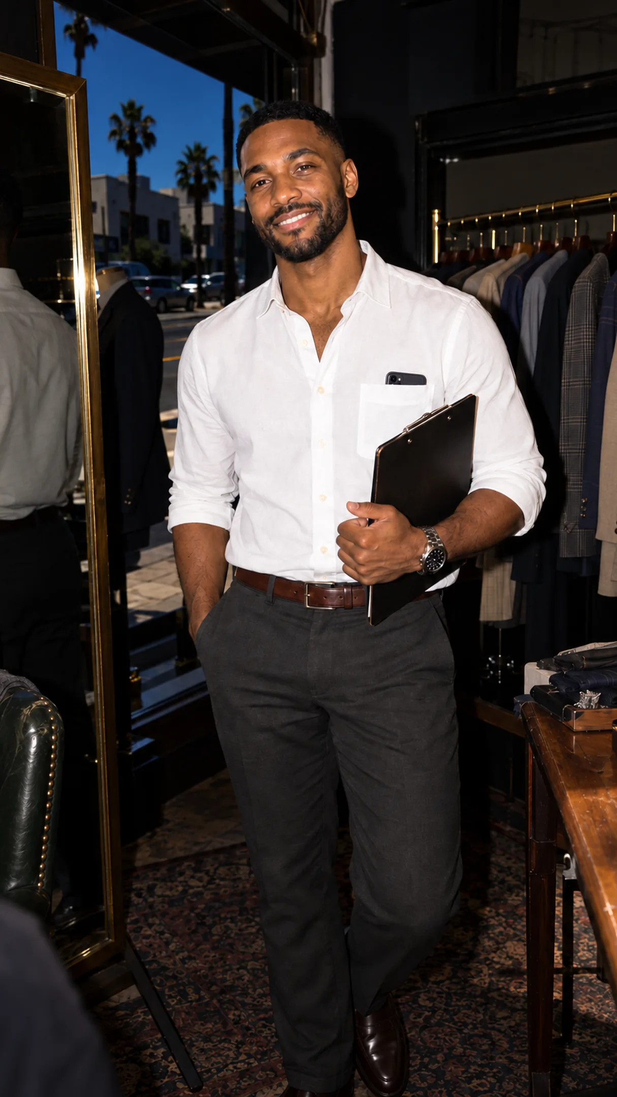 An operator in a tailor's fitting area with a clipboard — the rules set once, checked on every agent reply.