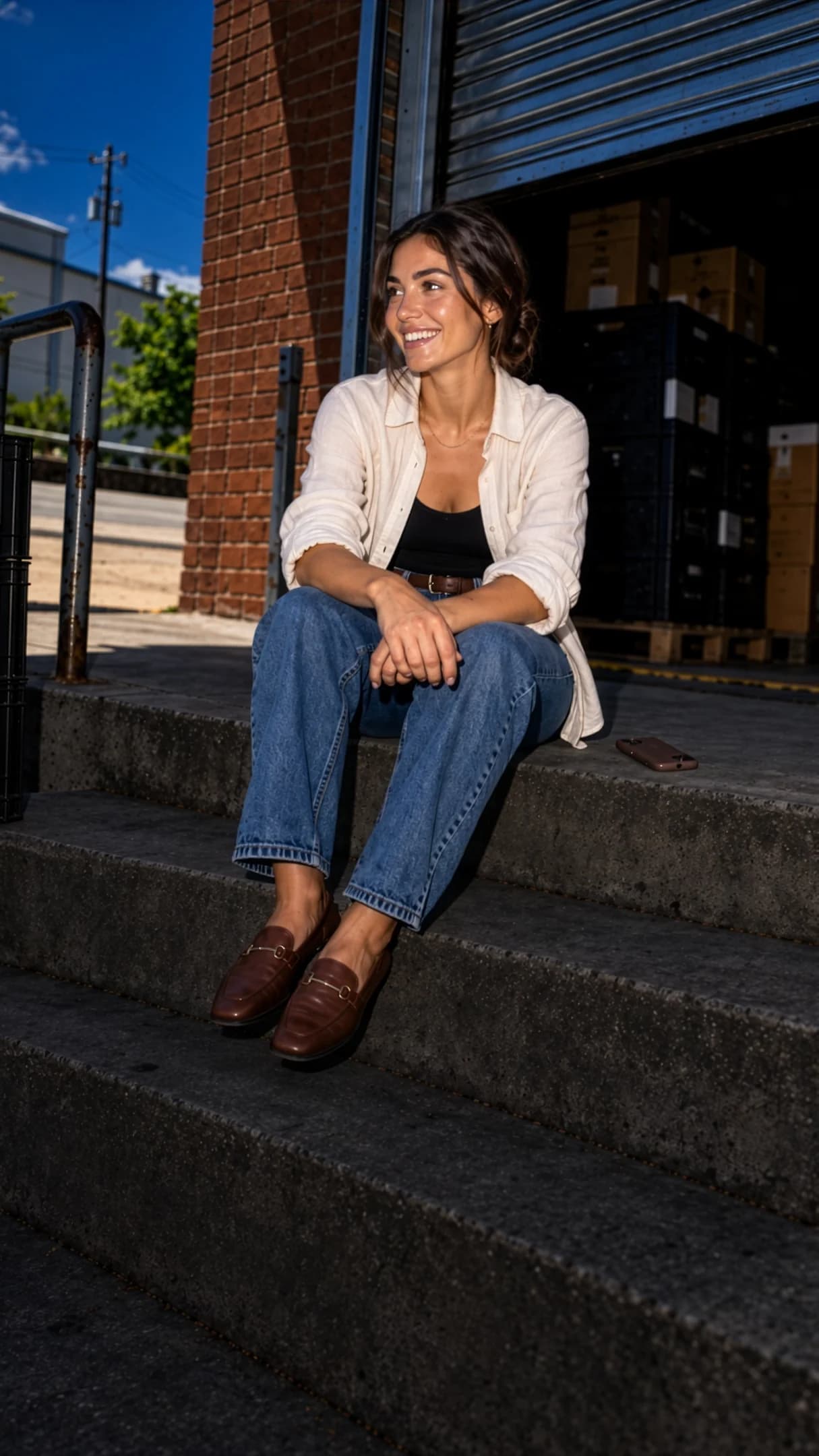A smiling founder seated on loading-bay steps in daylight, with a face-down phone beside her.