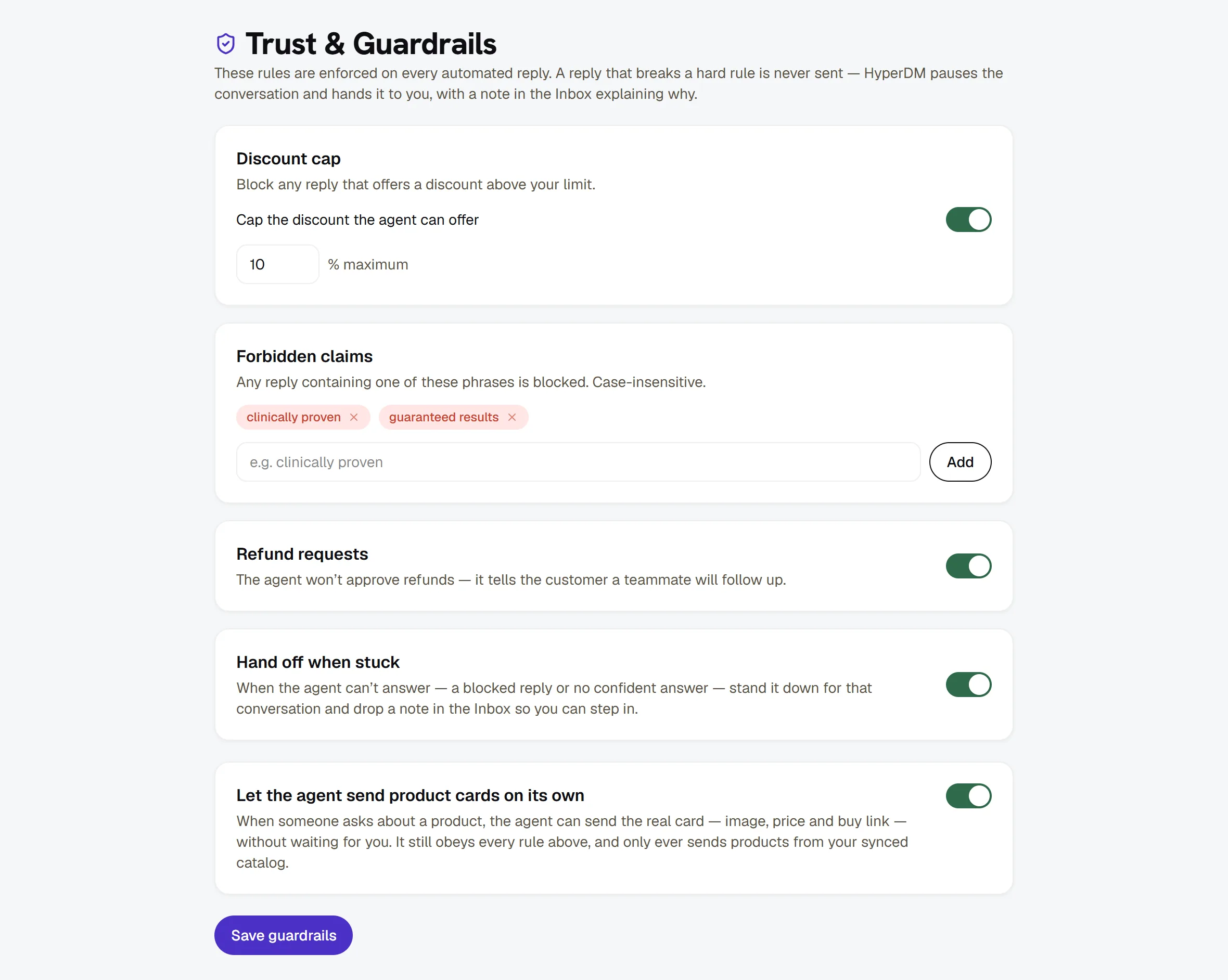 Trust & Guardrails — the discount cap, forbidden claims, refunds, hand-off and product cards