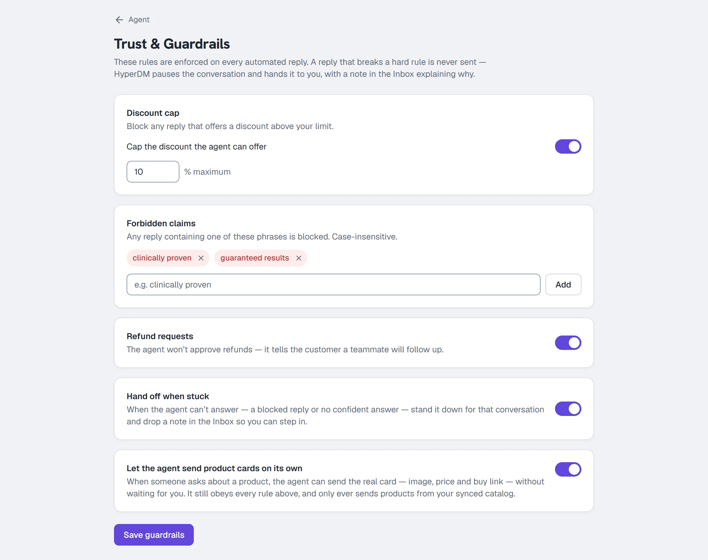 Trust & Guardrails — the discount cap, forbidden claims, refunds, hand-off and product cards