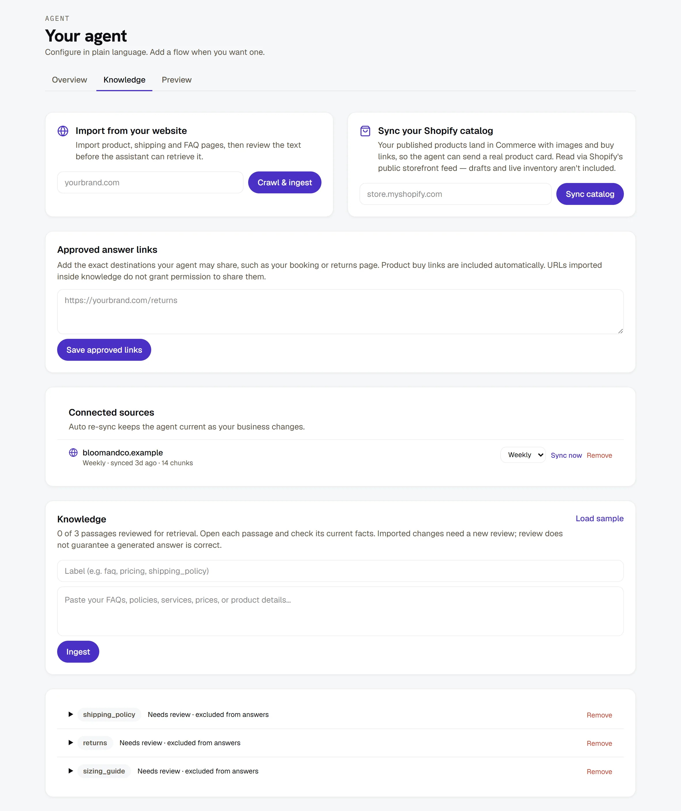 Agent → Knowledge — crawl, Shopify sync, approved links, connected sources and the paste box