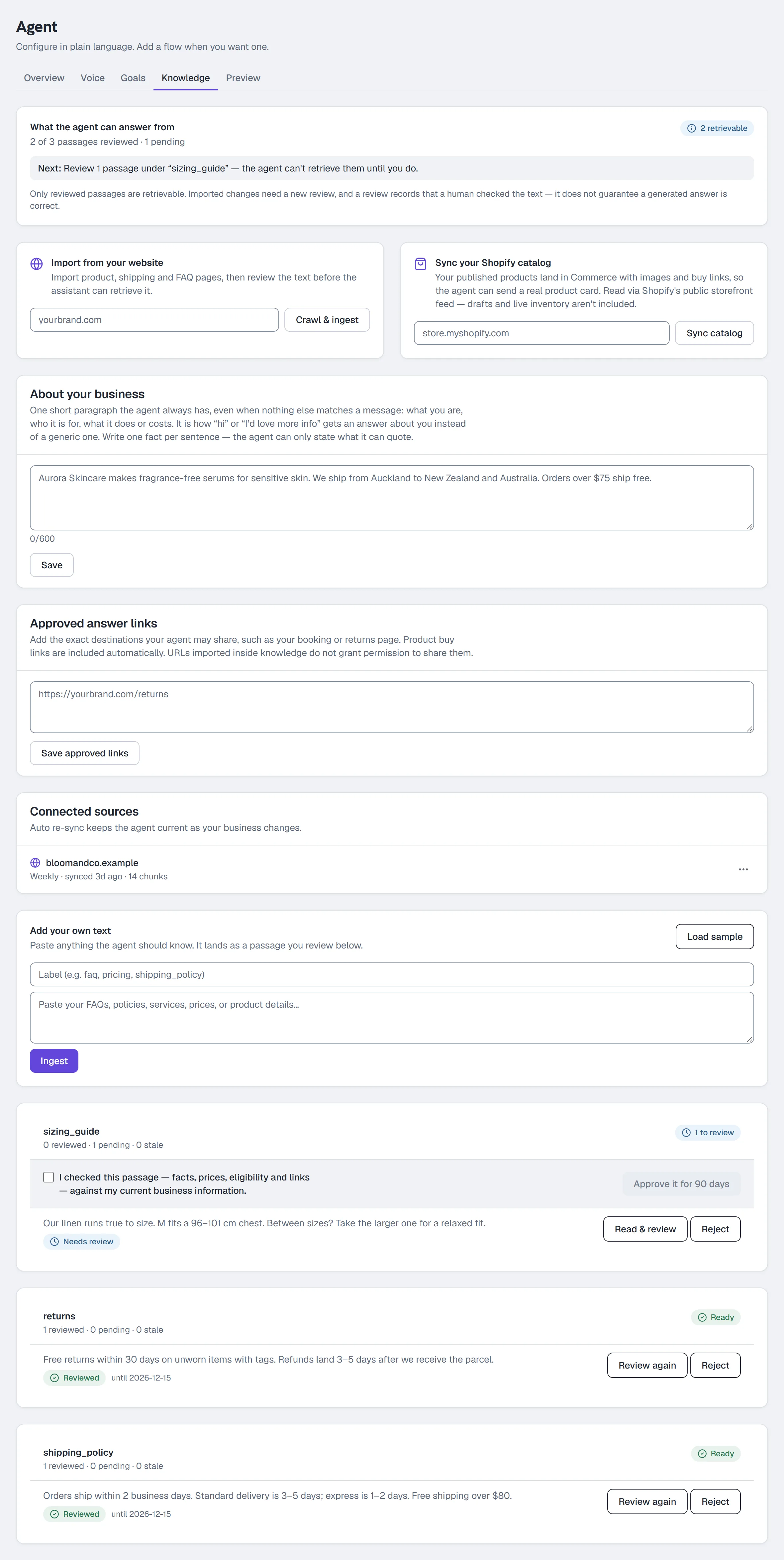Agent → Knowledge — readiness, the next action, and passages grouped by source