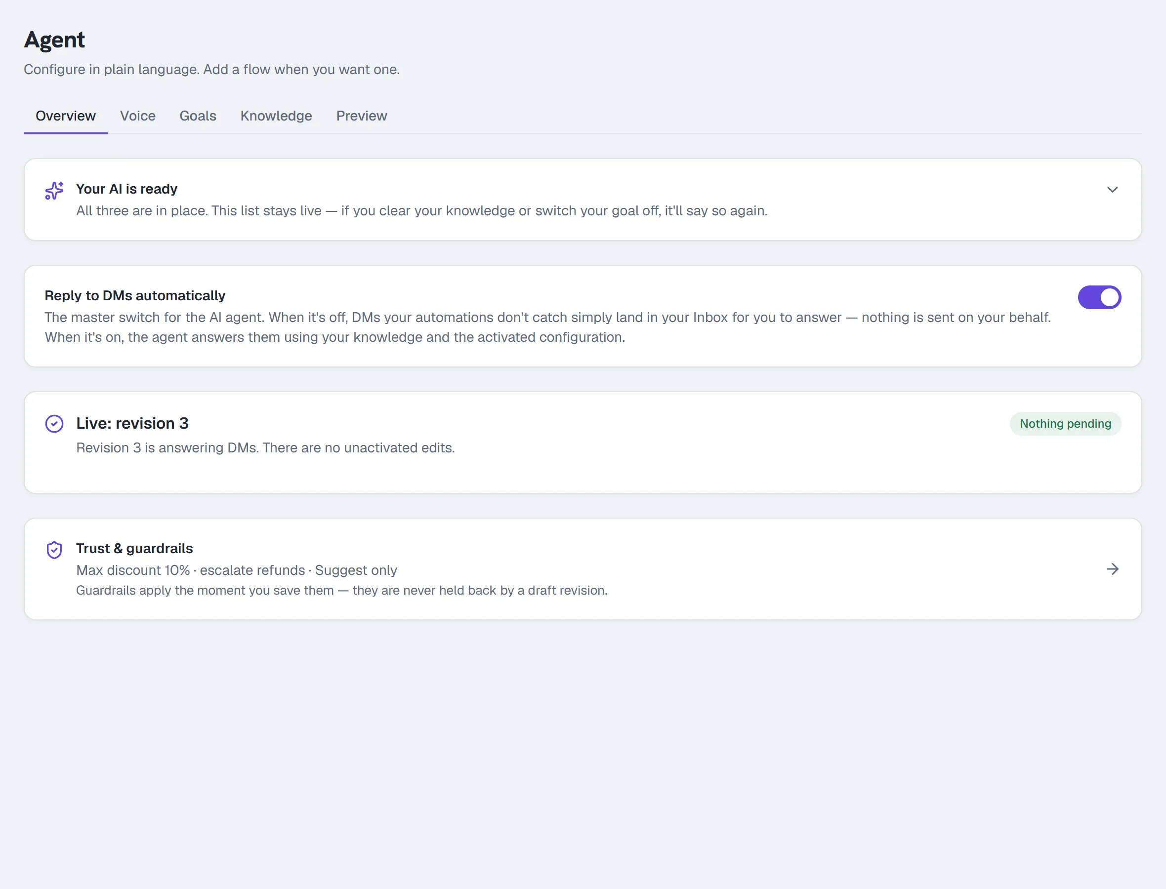 Agent → Overview — the setup card, the master switch and the activated revision