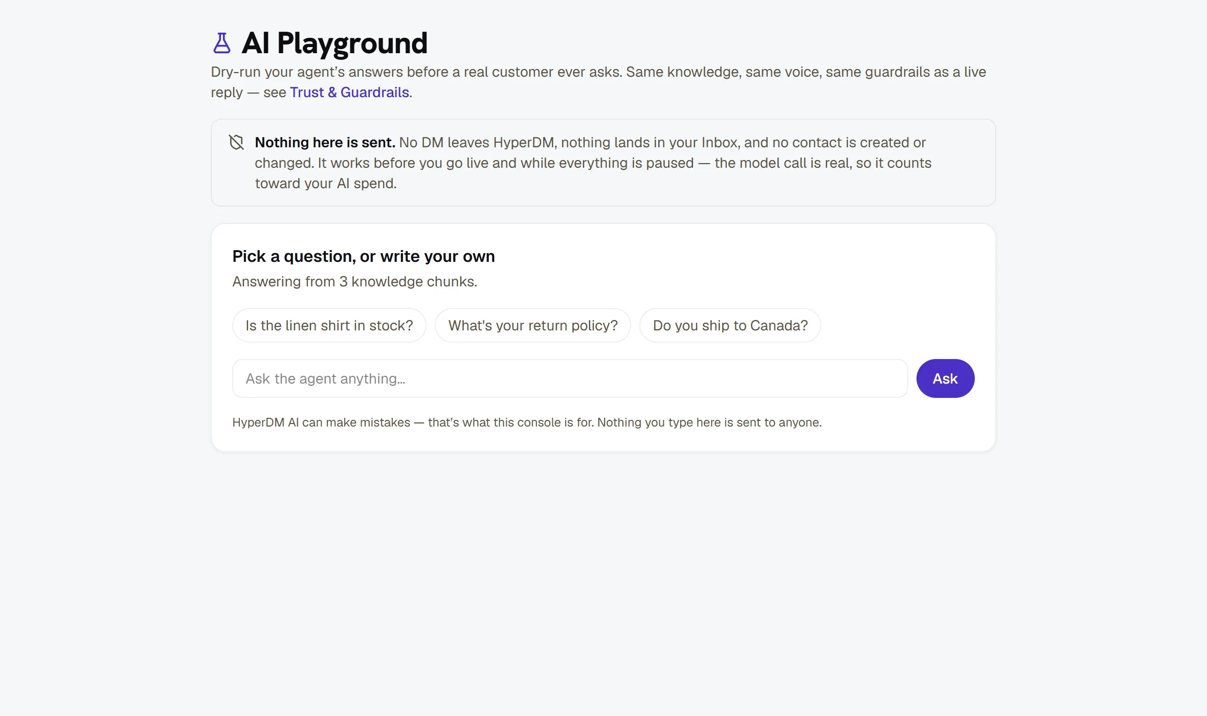 AI Playground — starter questions, the ask box, and the promise that nothing is sent