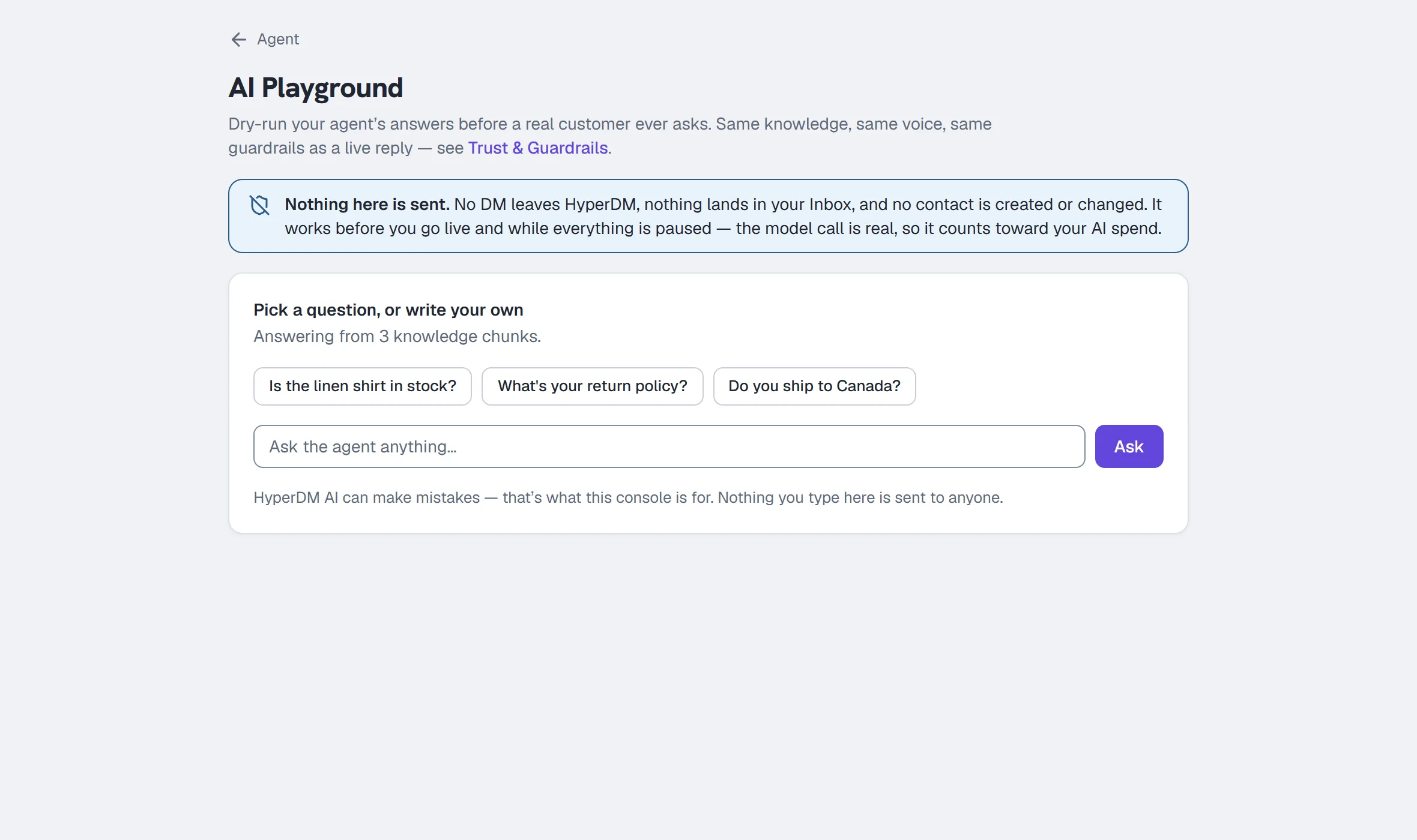 AI Playground — starter questions, the ask box, and the promise that nothing is sent