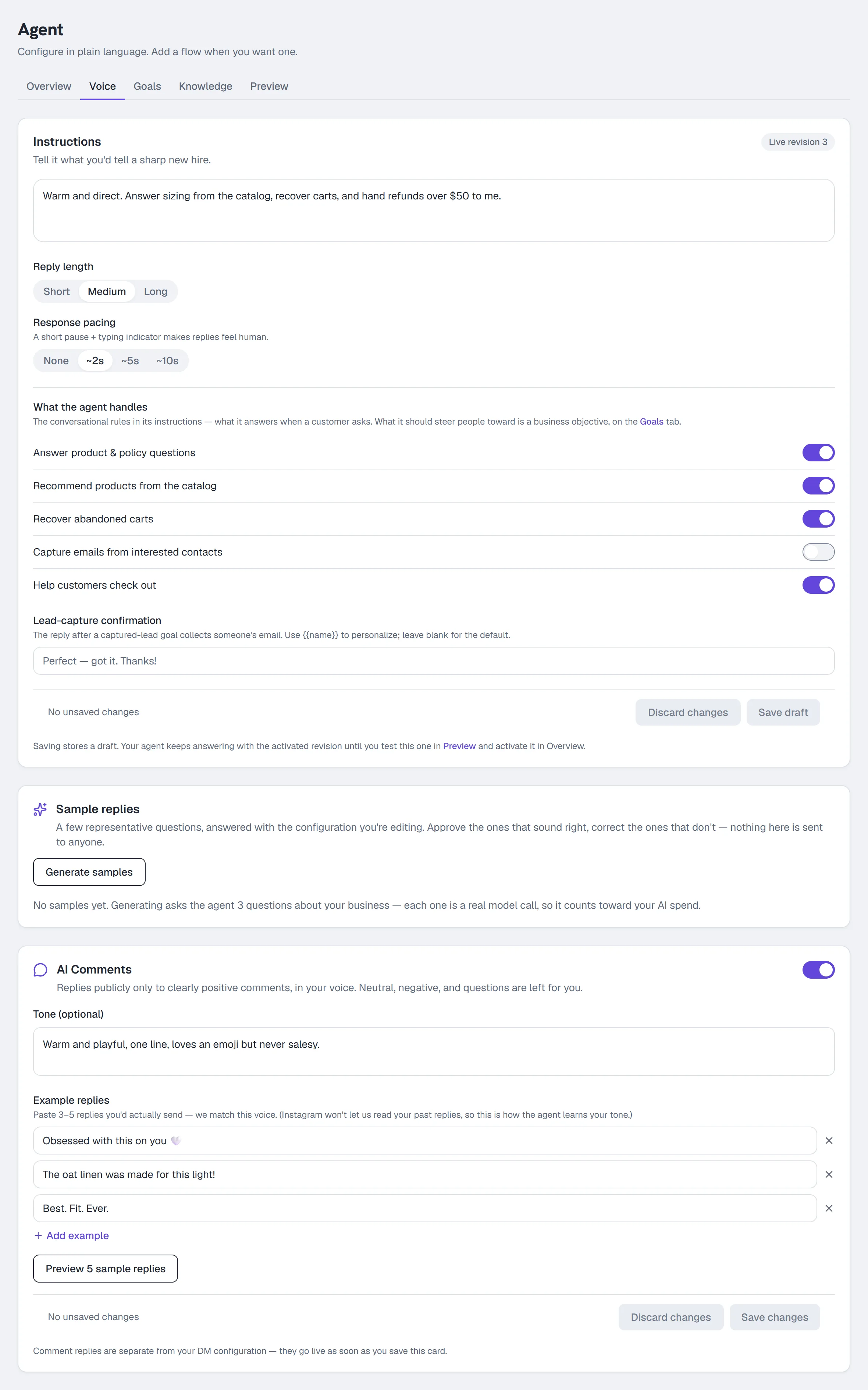 Agent → Voice — instructions, reply length, pacing and the sample replies