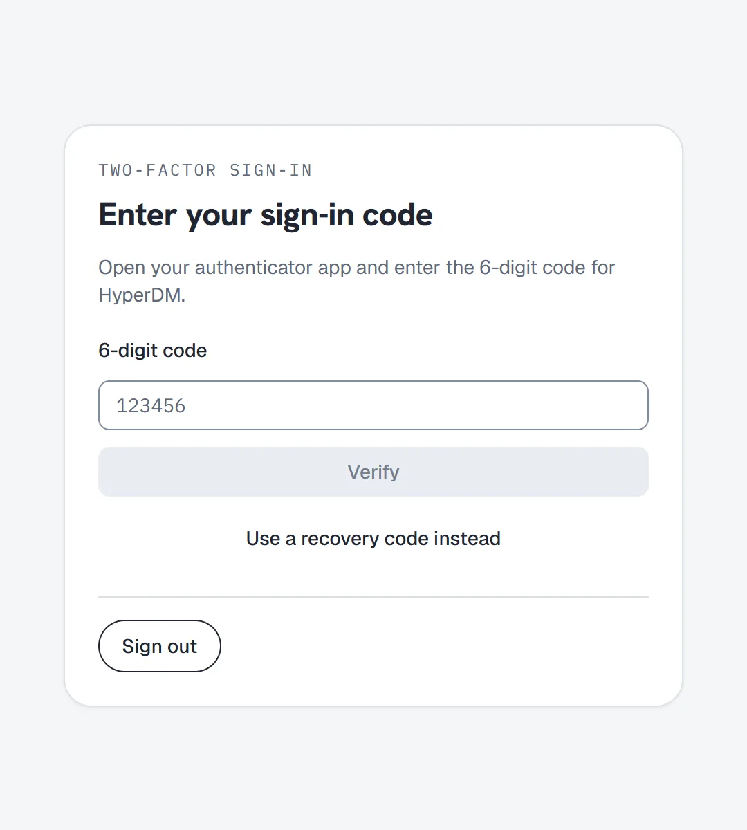 Enter your sign-in code — the 6-digit code, Use a recovery code instead, and Sign out