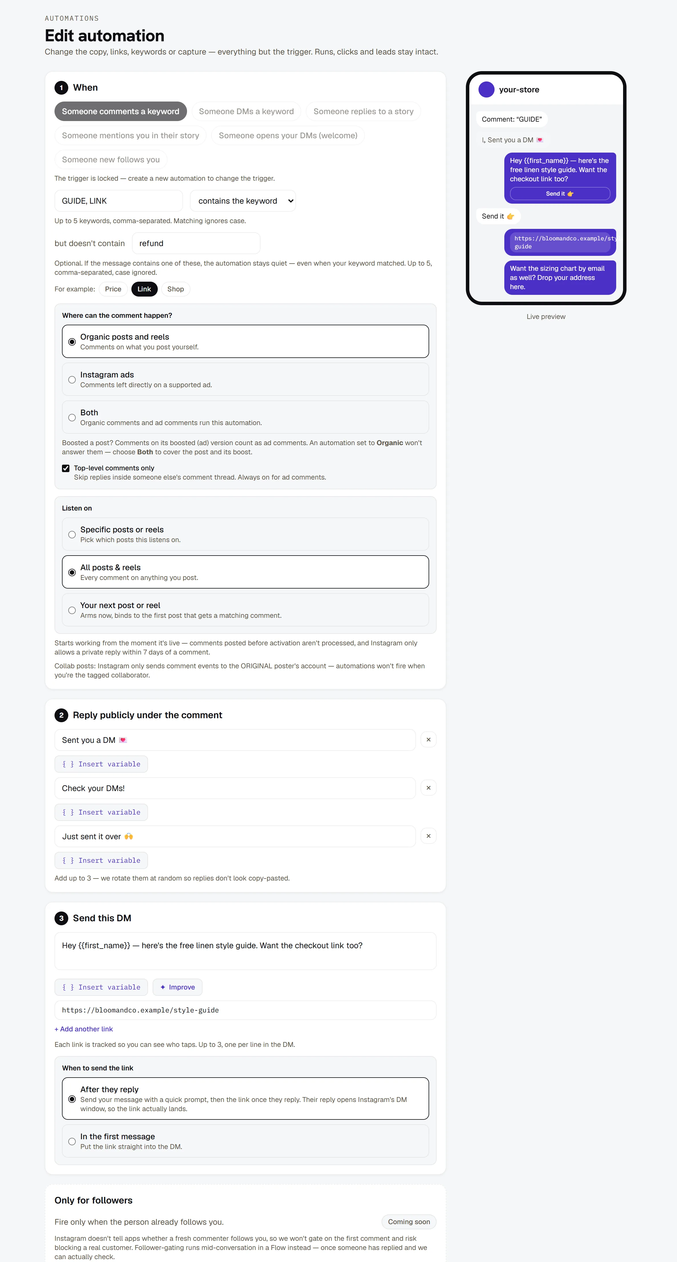 The builder, set to Someone comments a keyword and filled in