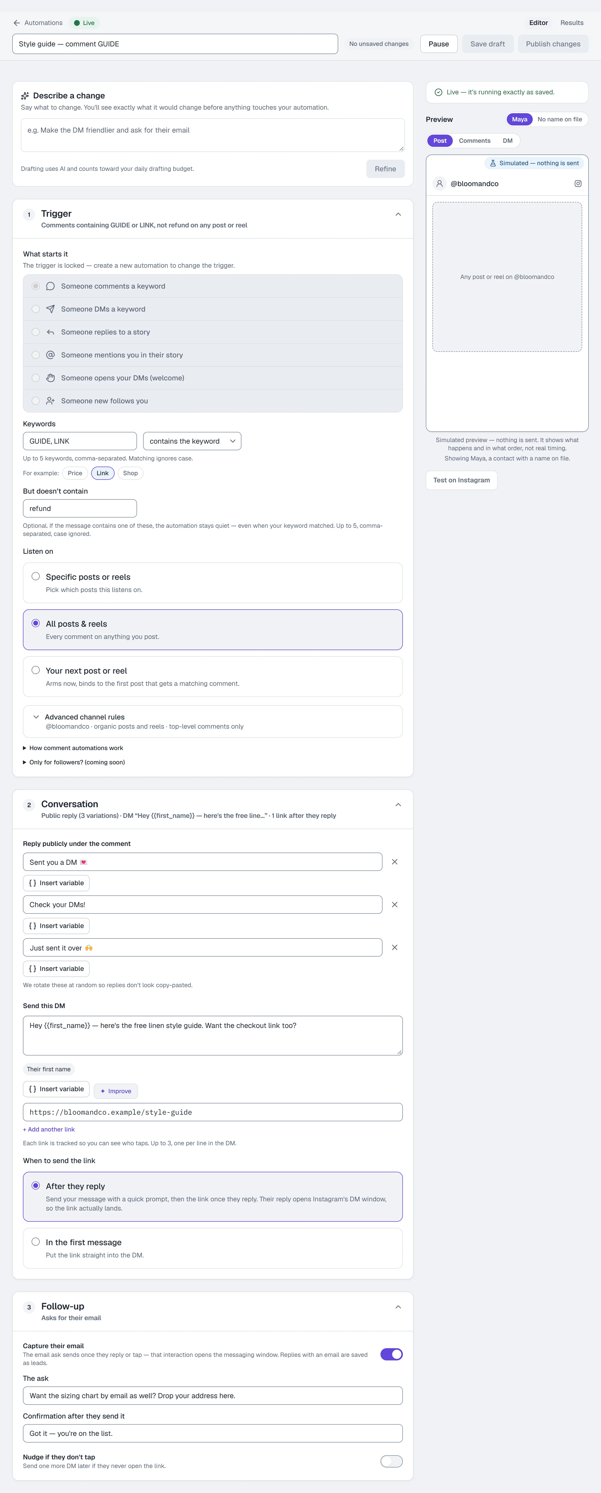 The builder, set to Someone comments a keyword and filled in