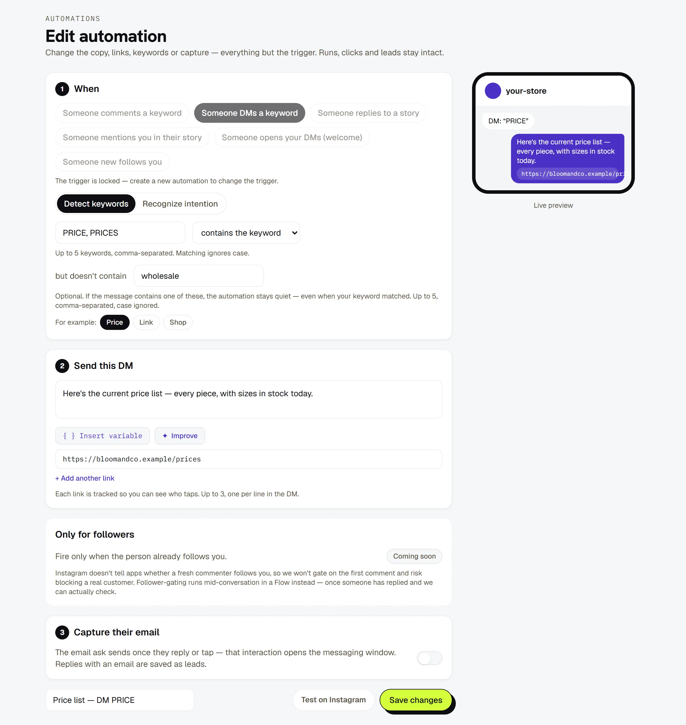 The builder set to Someone DMs a keyword, filled in
