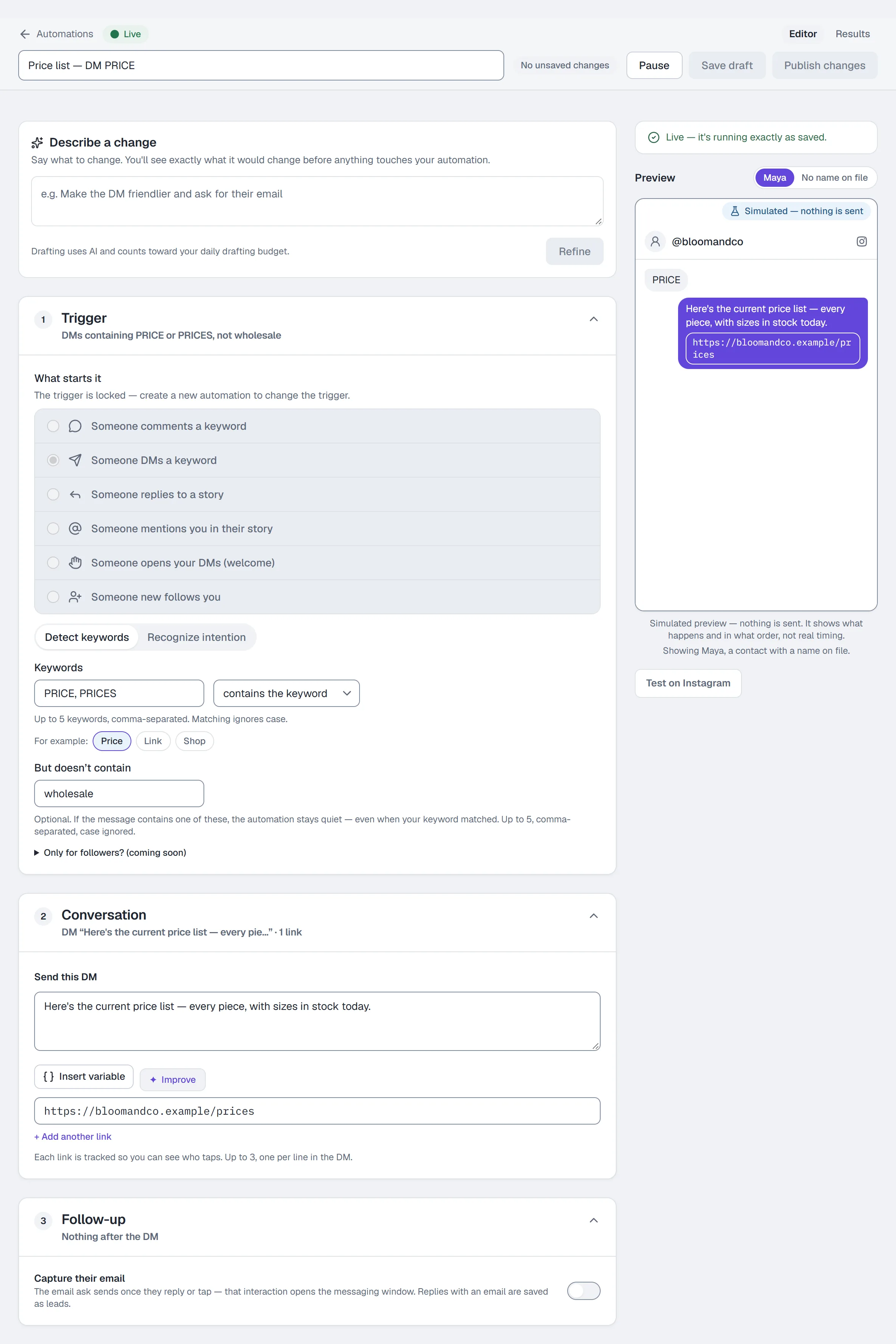 The builder set to Someone DMs a keyword, filled in