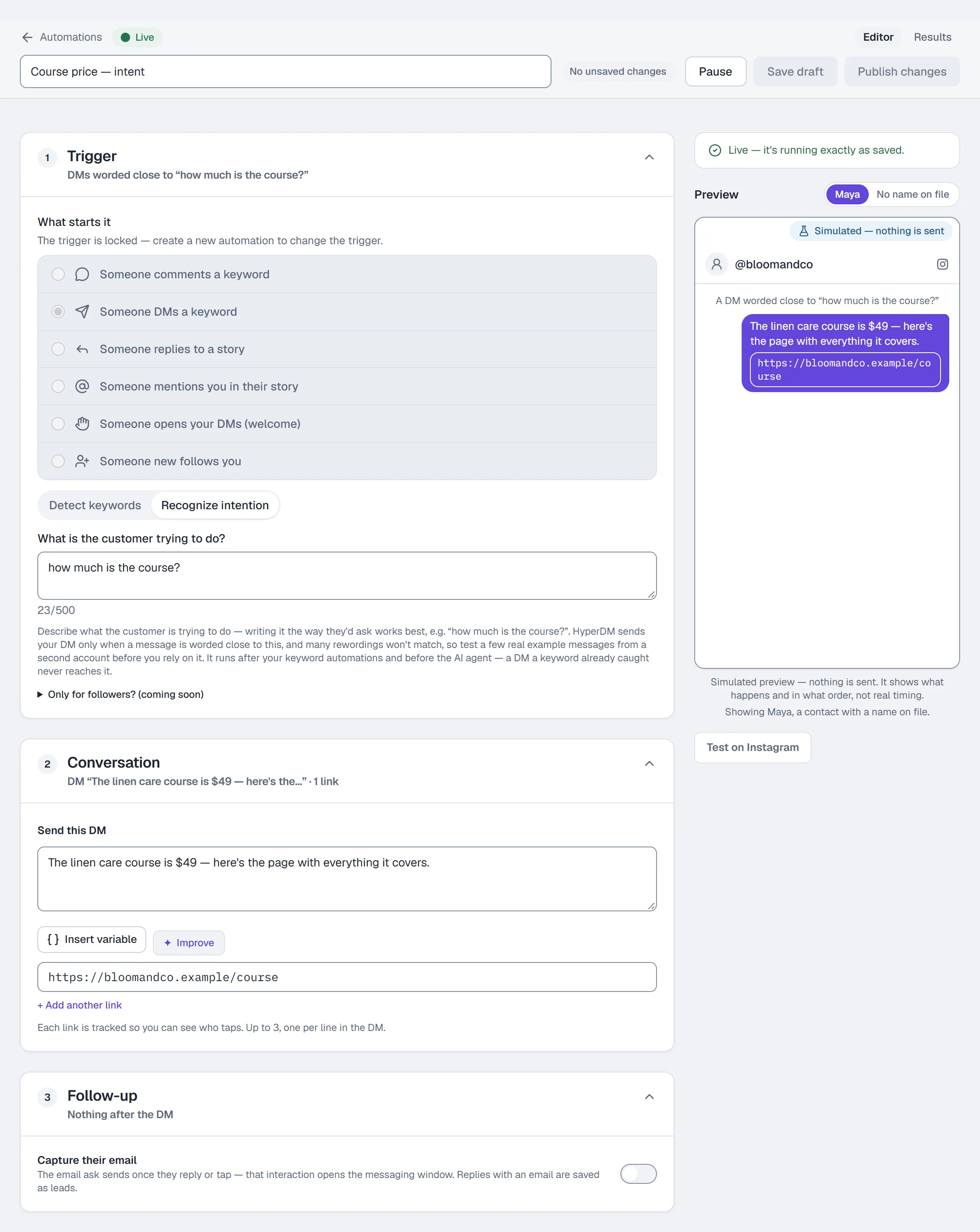 The DM trigger switched to Recognize intention