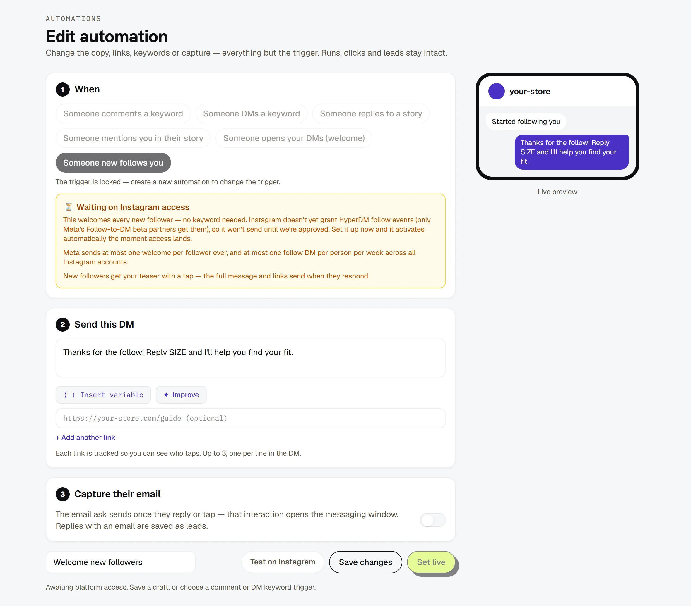 Welcome new followers, saved as a draft while access is pending