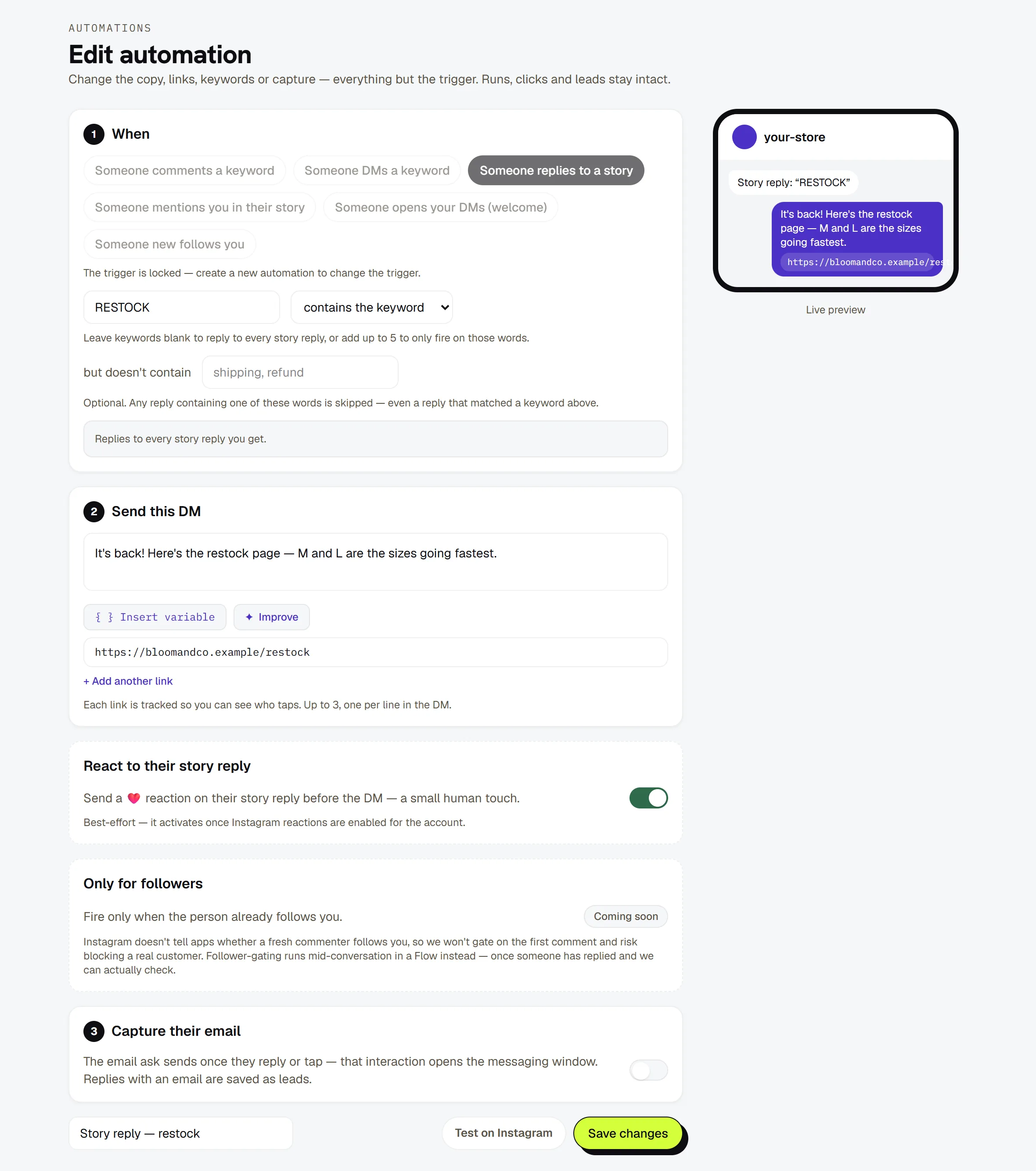 The builder set to Someone replies to a story
