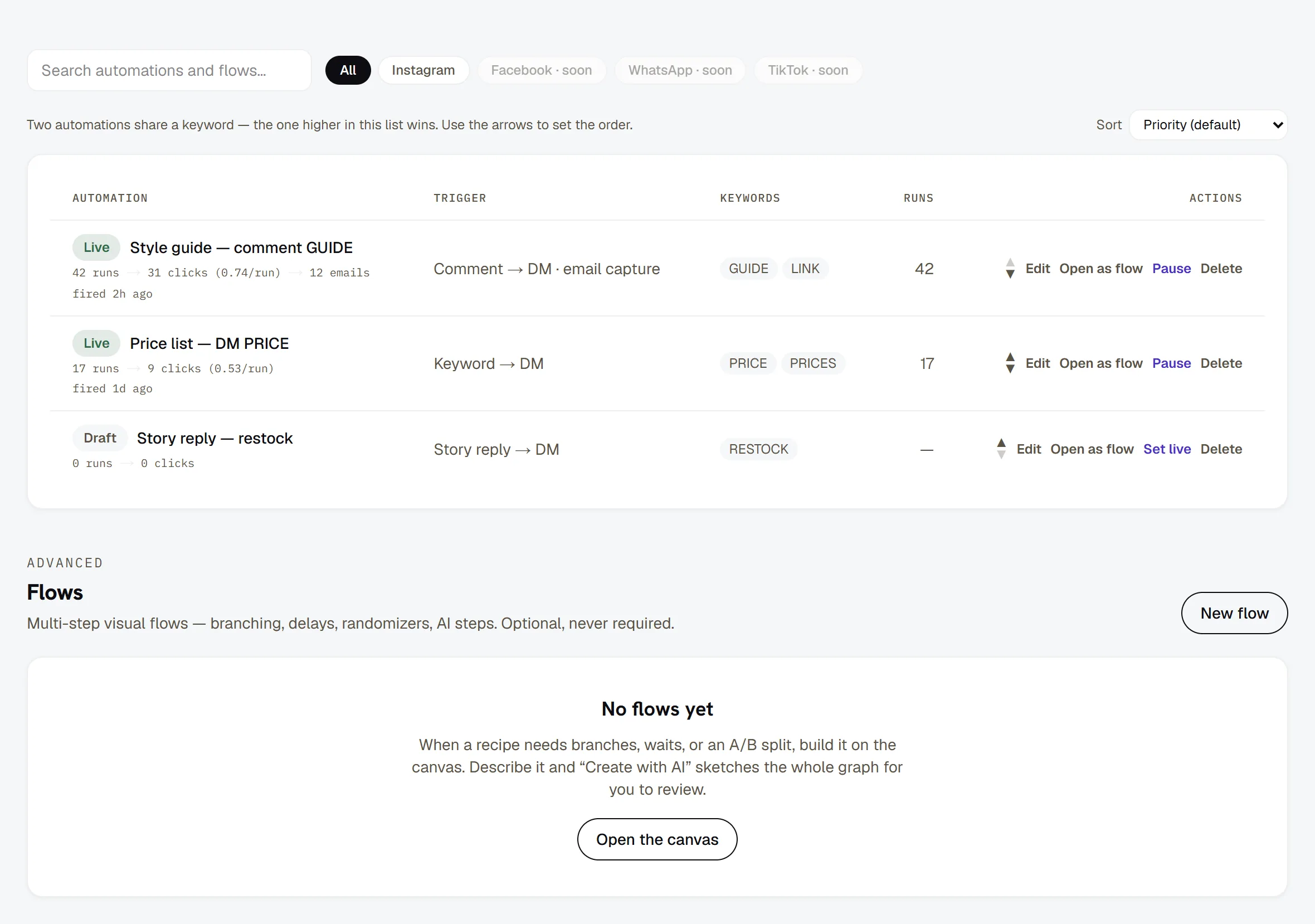The Automations list — Live and Draft rows, runs and the priority order