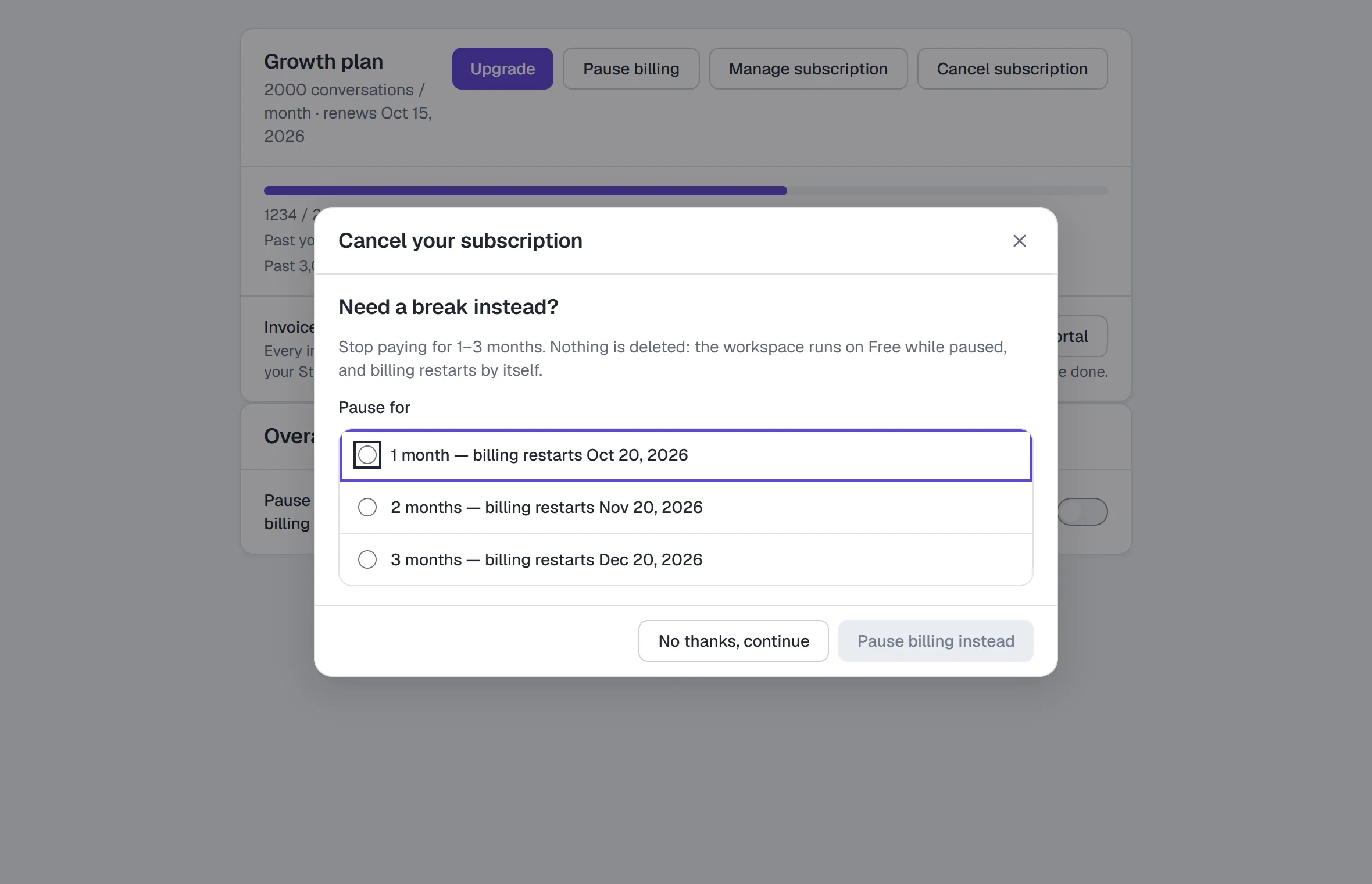 Cancel subscription — the pause offer: 1, 2 or 3 months, each with the date billing restarts
