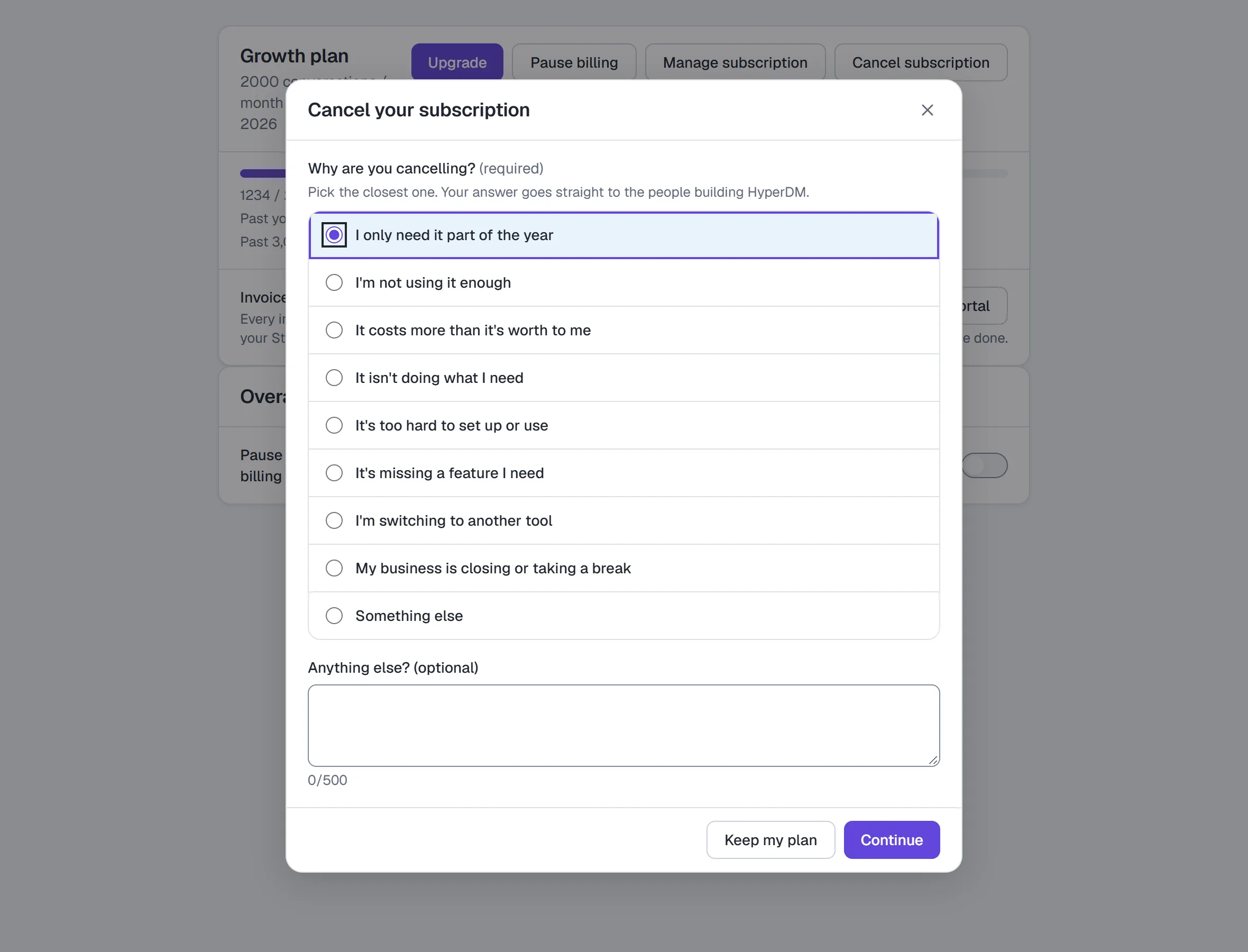 Settings → Billing & usage → Cancel subscription — the reason step