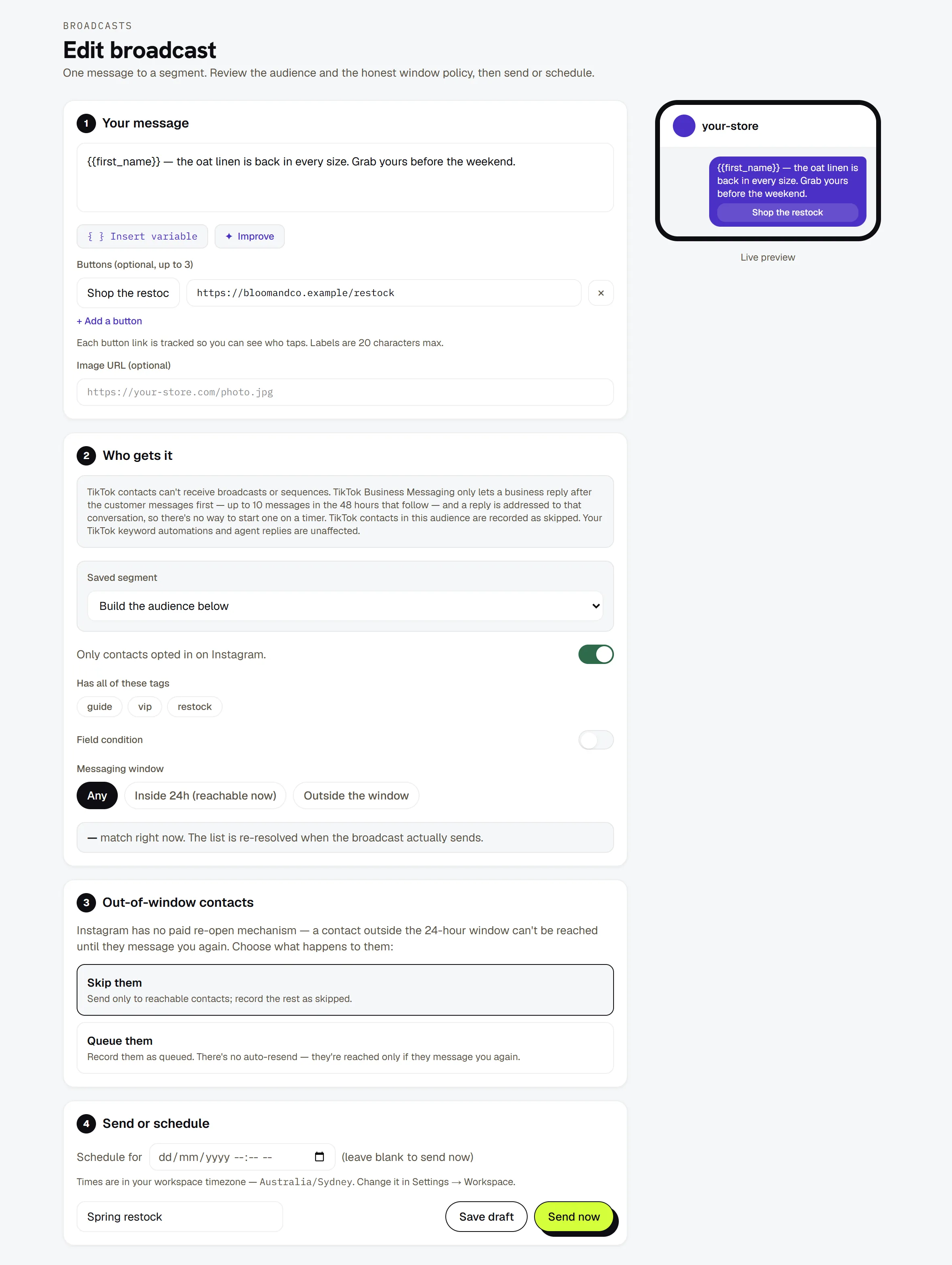 The broadcast composer — message, audience, the out-of-window choice, and send or schedule