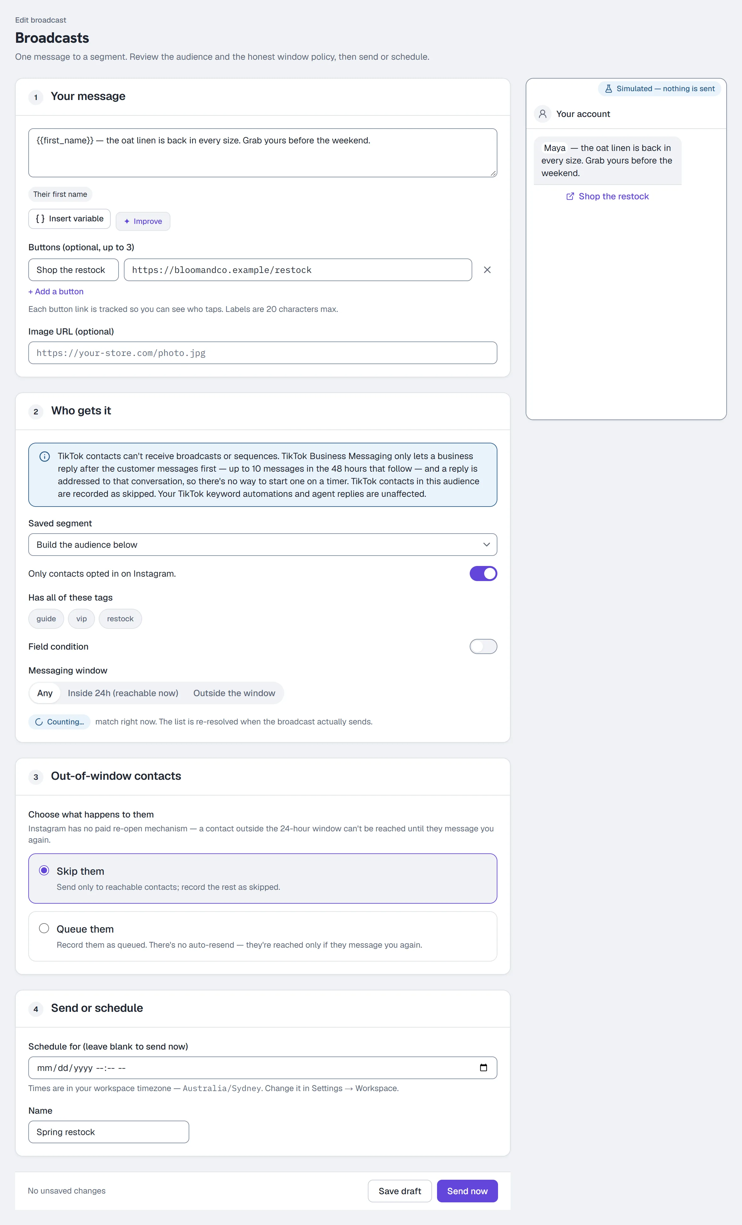 The broadcast composer — message, audience, the out-of-window choice, and send or schedule