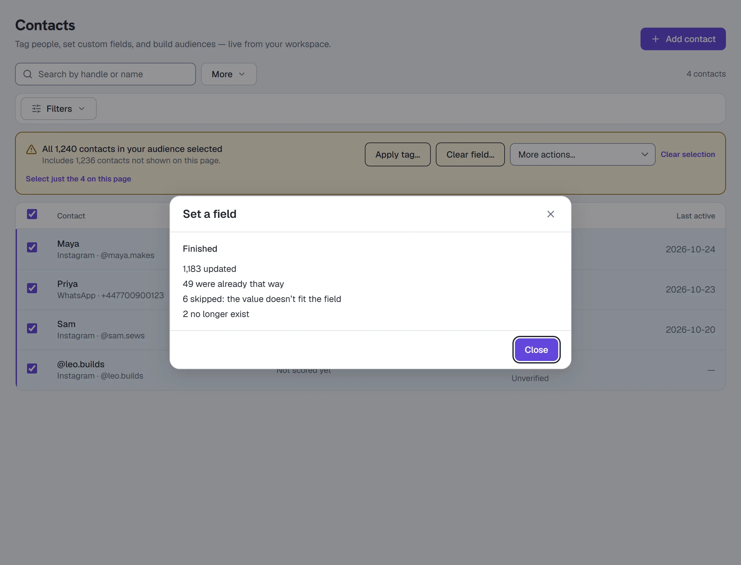 Contacts — a finished bulk action: how many were updated, already that way, skipped and why, and no longer exist