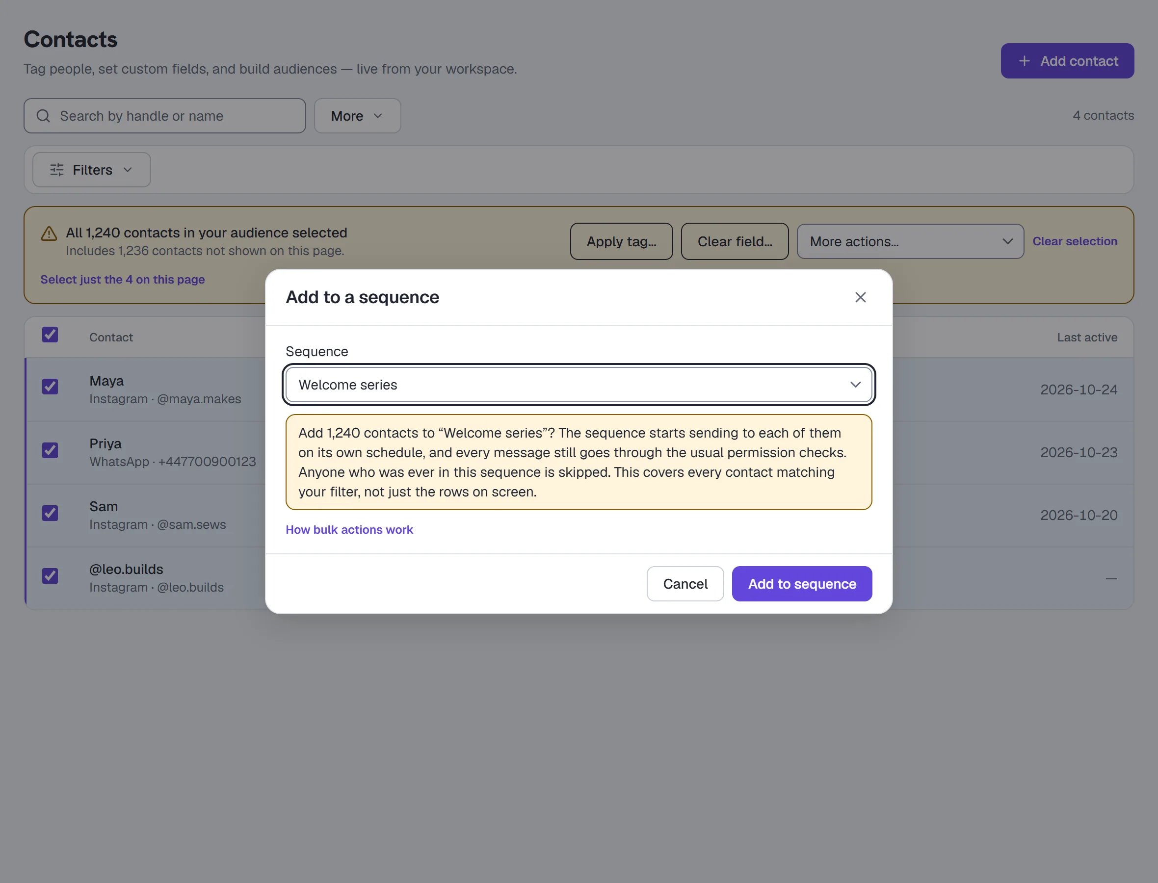 Contacts — More actions: add 1,240 contacts matching the filter to a sequence, with the count and scope restated