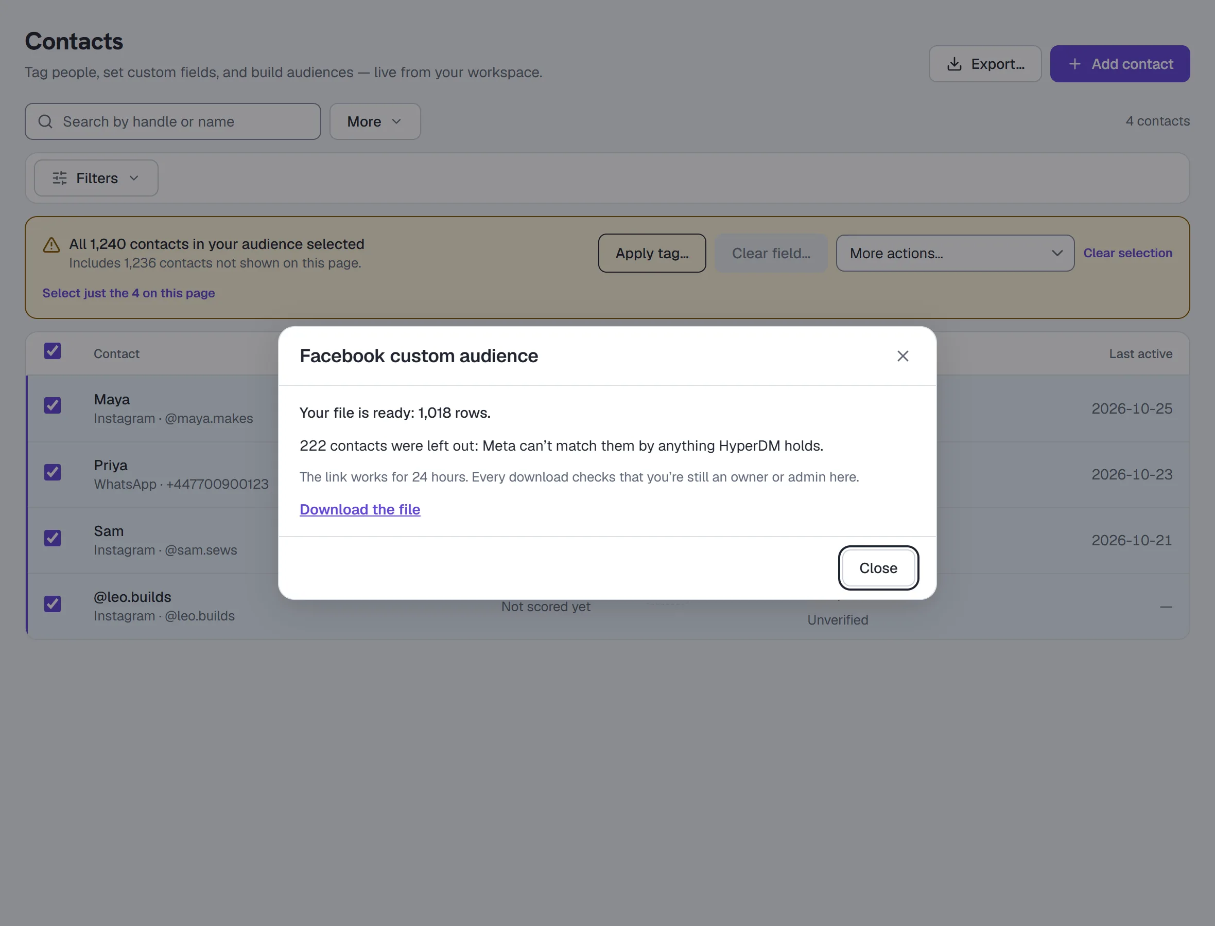 Contacts — a Facebook custom-audience file ready: how many rows, how many left out, the 24-hour link
