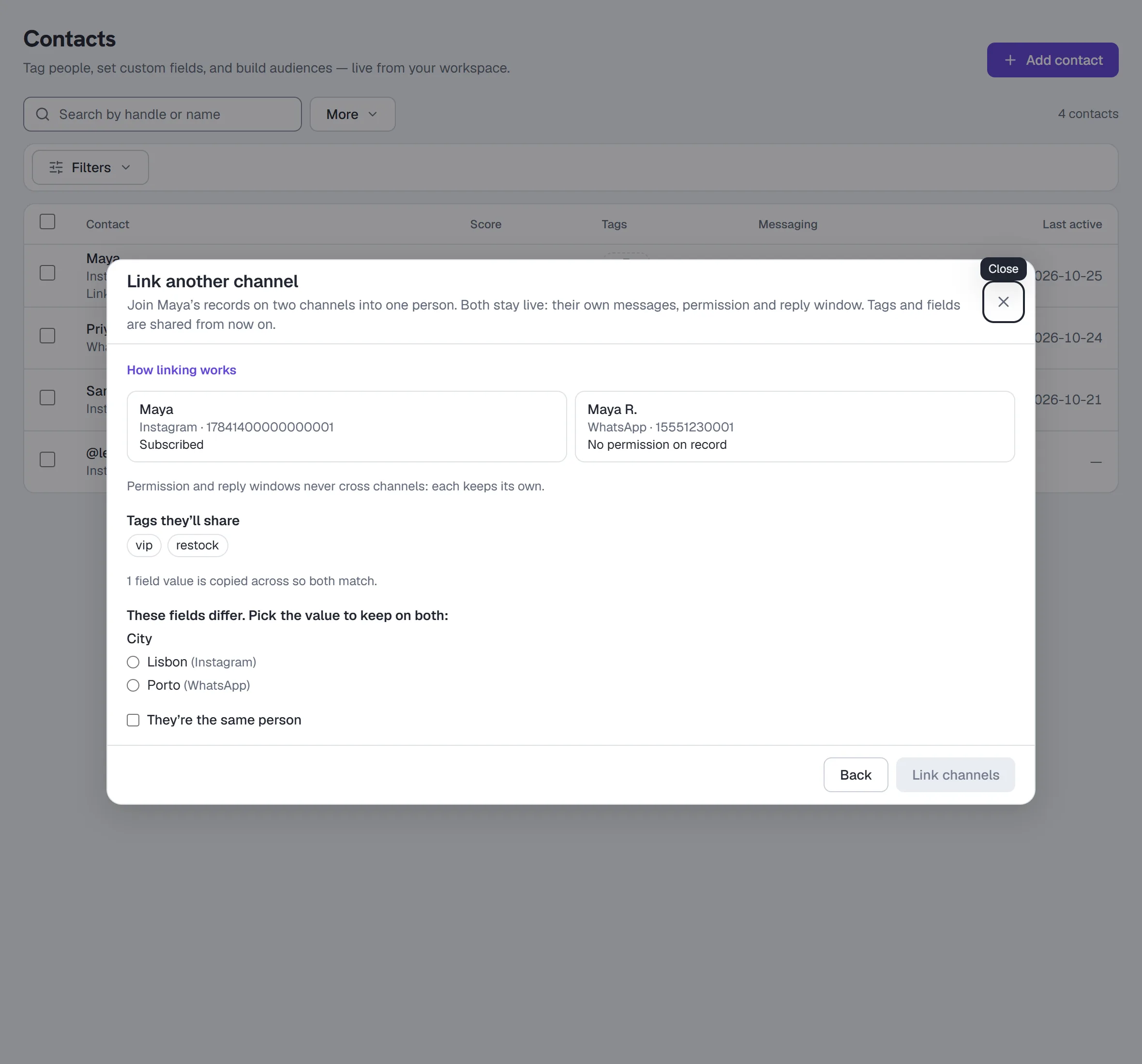 Link another channel — both identities keep their own permission; the tags they'll share, a value to keep, and the same-person box