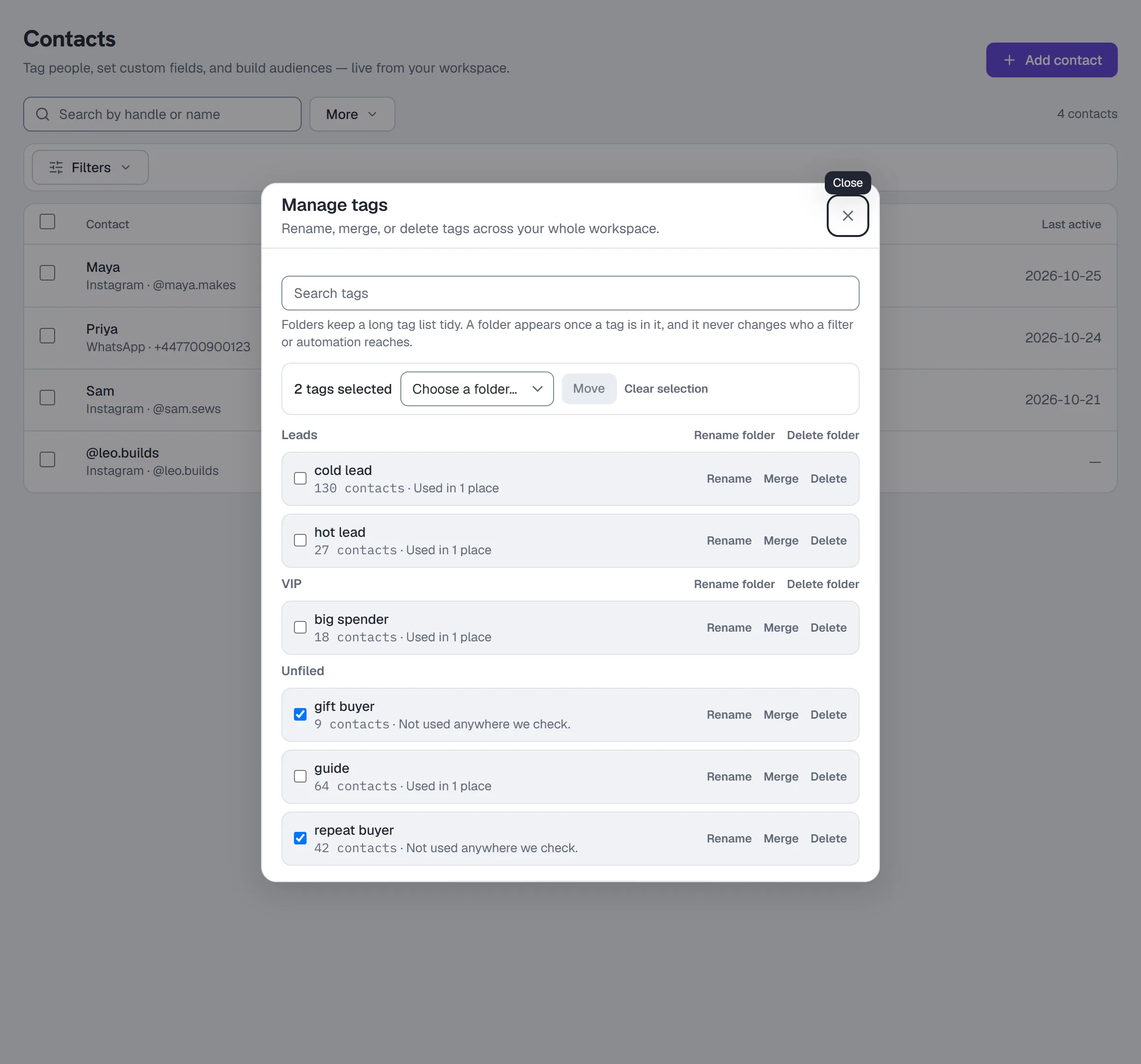 Manage tags with folders — tags under VIP, Leads and Unfiled, two ticked to move, and where each is used