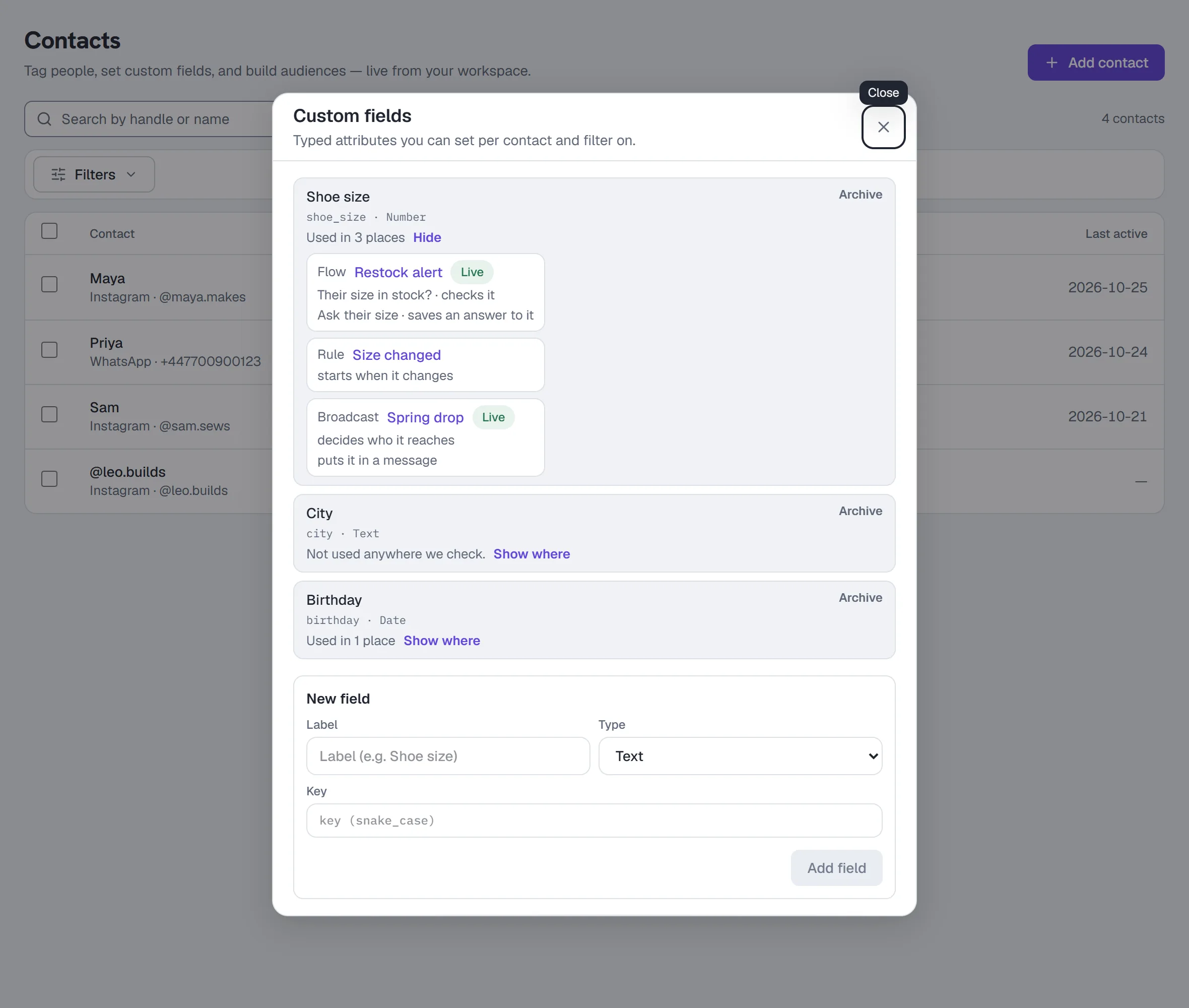 Custom fields — every field says where it's used; Shoe size's list: a live flow's step, a rule's trigger, a broadcast's audience