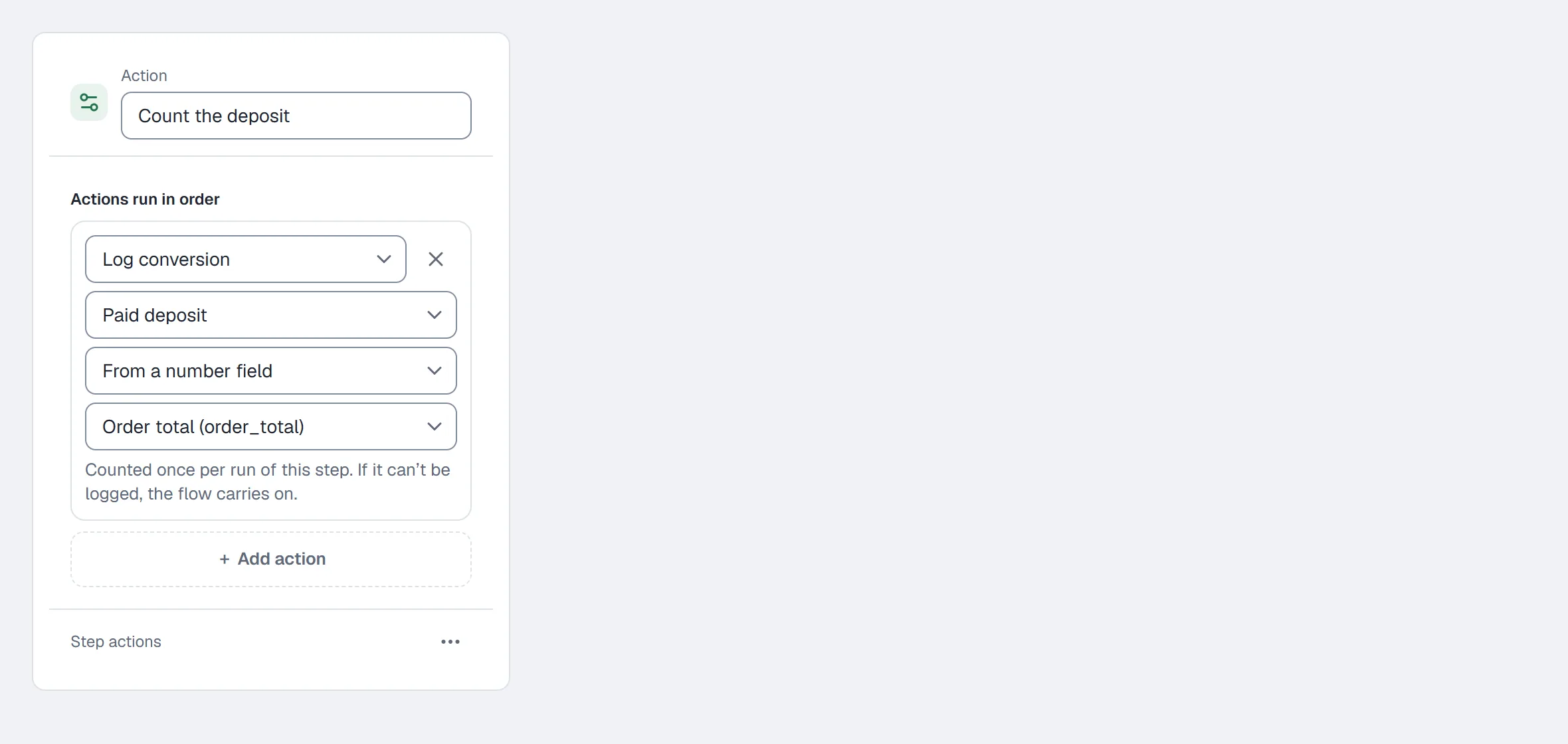 The flow builder's Log conversion step — Paid deposit, its value from the Order total number field