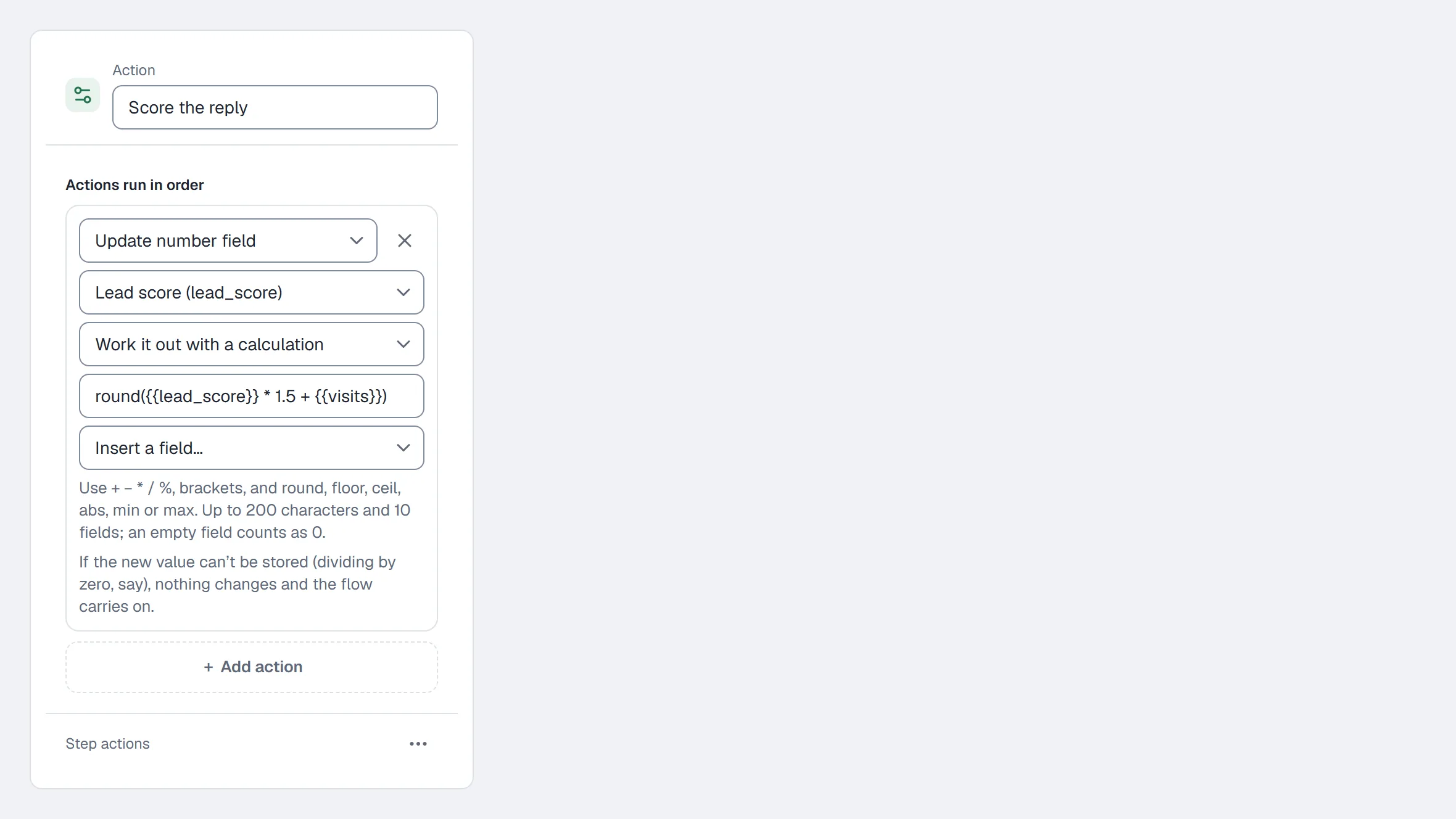 The flow builder's Update number field step — a number field, “Work it out with a calculation”, and the calculation with Insert a field