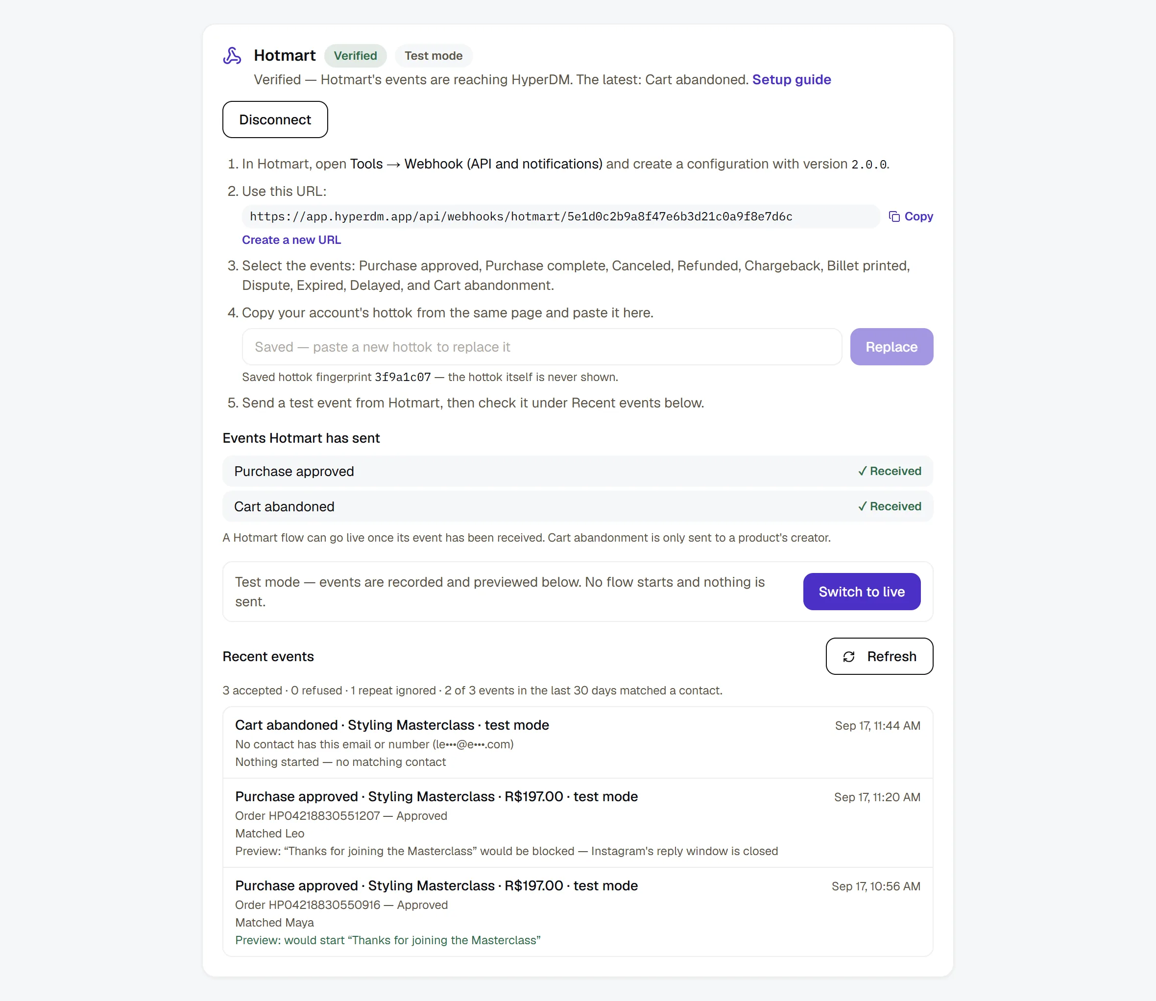 The Hotmart card on Settings → Commerce — verified, in test mode, with the events Hotmart has sent and a preview of what each did