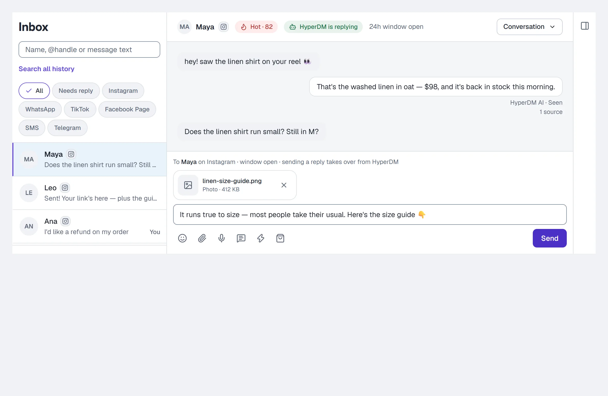 The reply box — who it goes to, a photo ready to send, and the tools under it