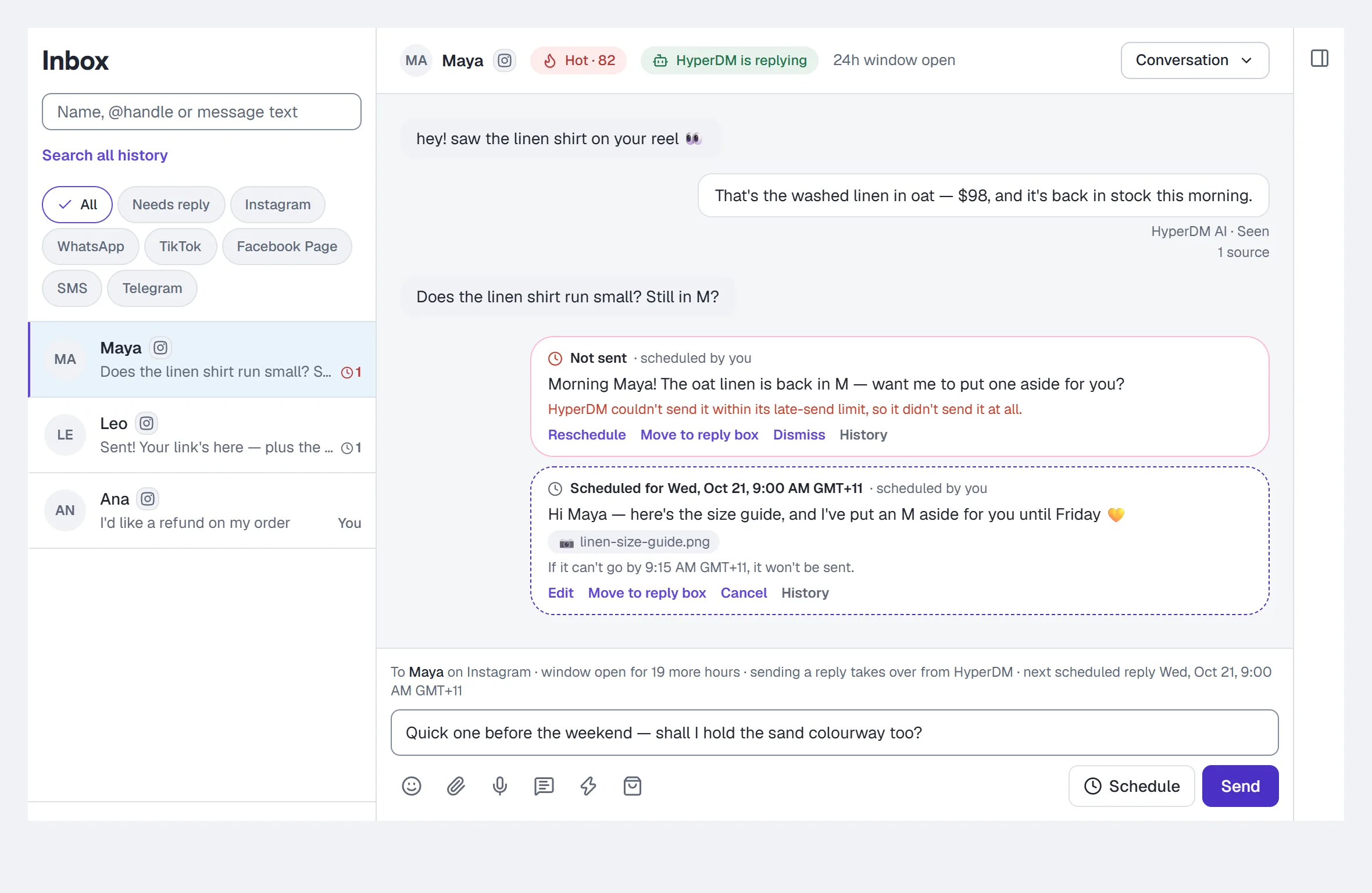 Scheduled replies in a conversation — one waiting, with when it gives up; one not sent in time, its reply kept