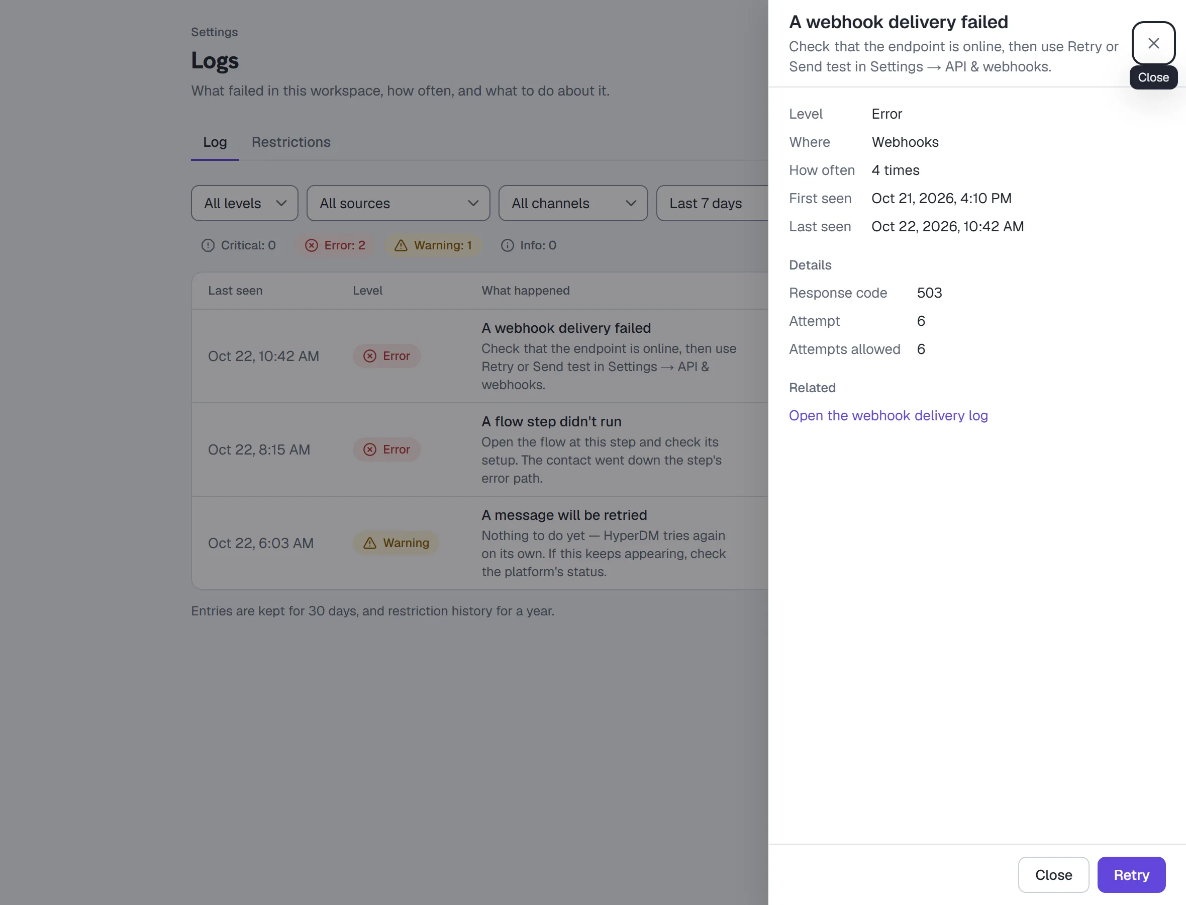 Settings → Logs with a webhook failure open, its numbers and Retry