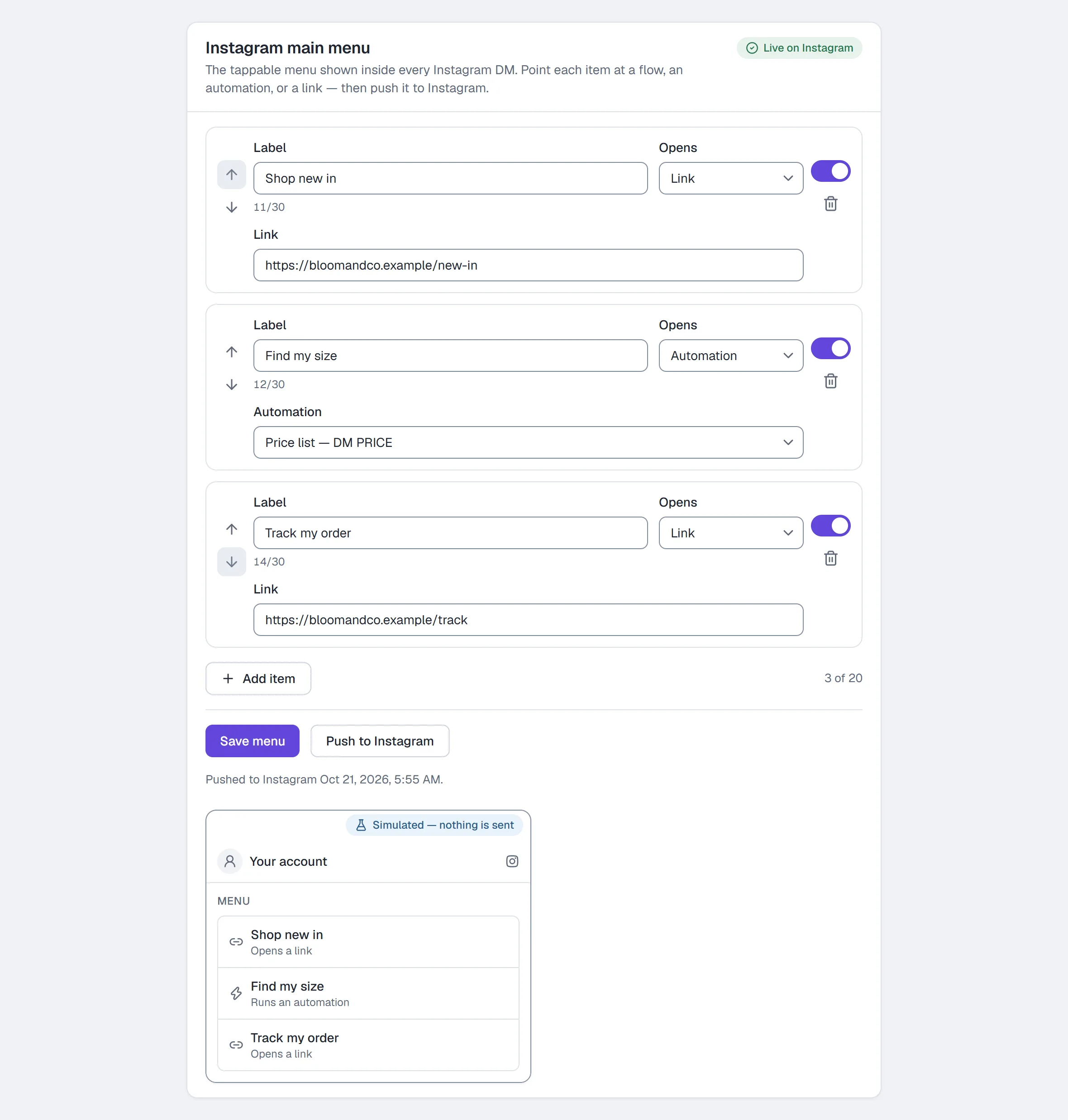 Settings → Main menu — three items, saved and pushed to Instagram