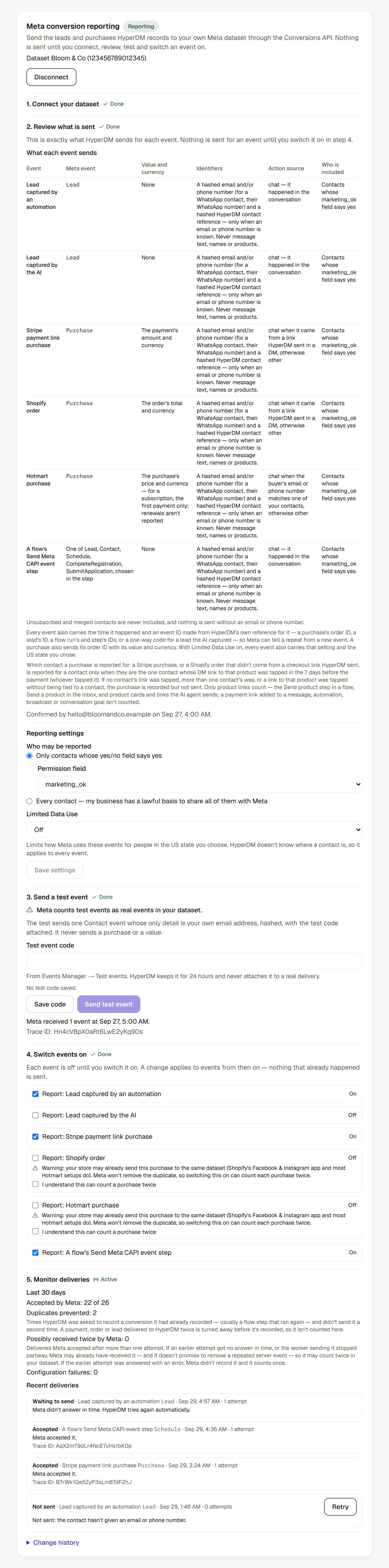 Settings → Integrations → Meta conversion reporting — verified and reporting: what each event sends, the owner's confirmation, a test Meta received, three events on and recent deliveries